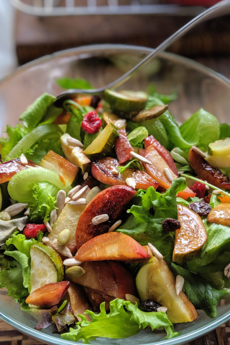 vegan Roasted Peach Summer Salad with Balsamic Vinaigrette recipe gluten free salads sheet pan salad recipe for summer or spring healthy