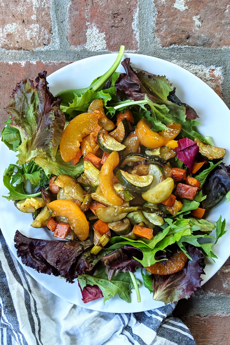 balsamic roasted salad recipe peaches in salad recipe healthy spring salads with fruit sheet pan salads vegan gluten free
