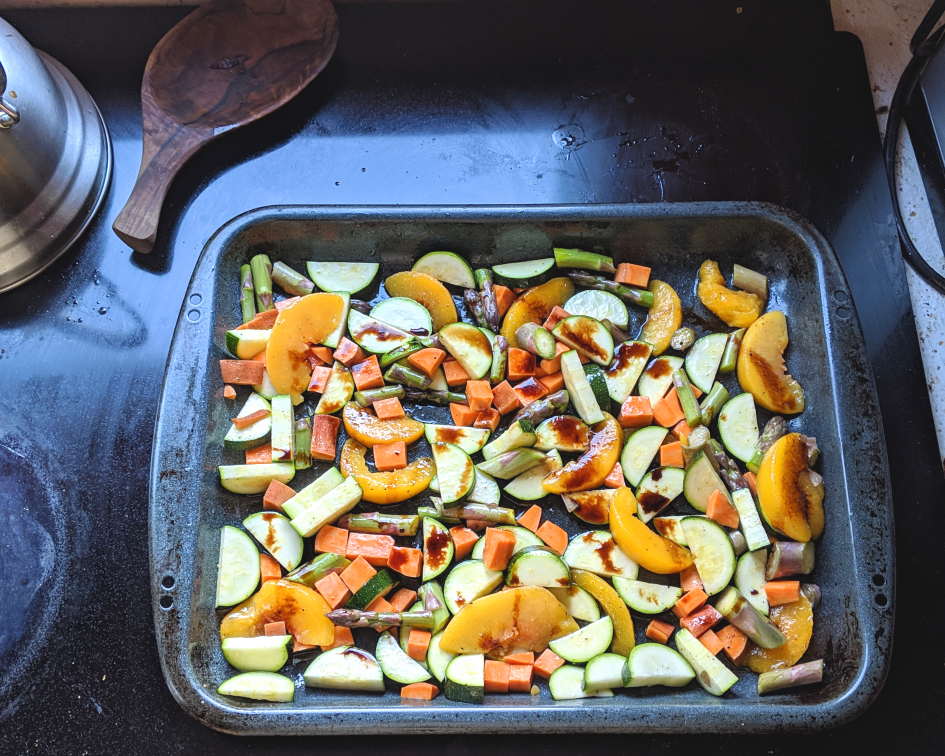 Roasted Peach Summer Salad with Balsamic Vinaigrette sheet pan salad recipe roasted peach salads healthy plant based spring salads