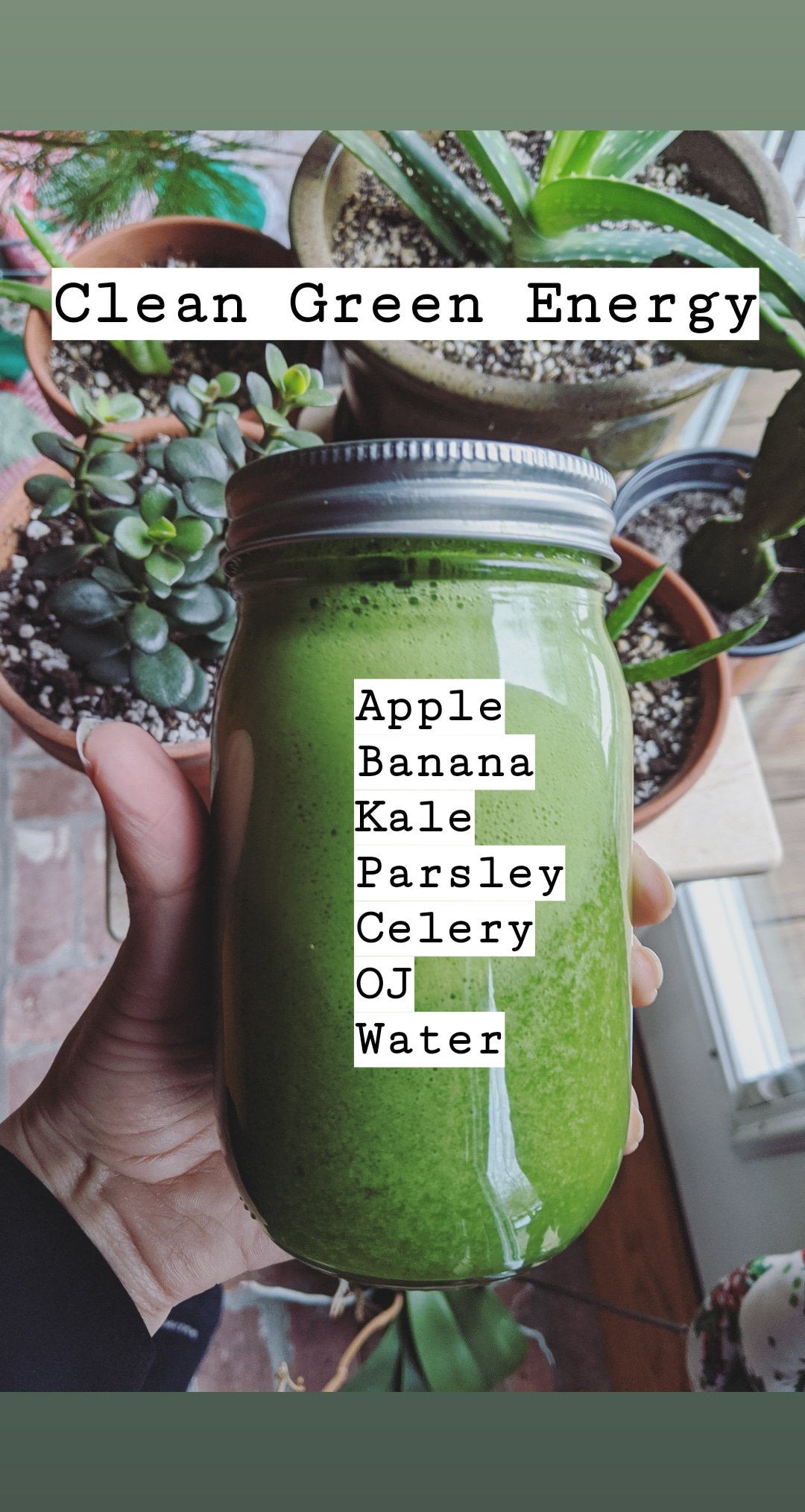 clean green energy smoothie recipe vegan dairy free fruits and vegetable smoothie with apple banana kale parsley celery orange juice and water