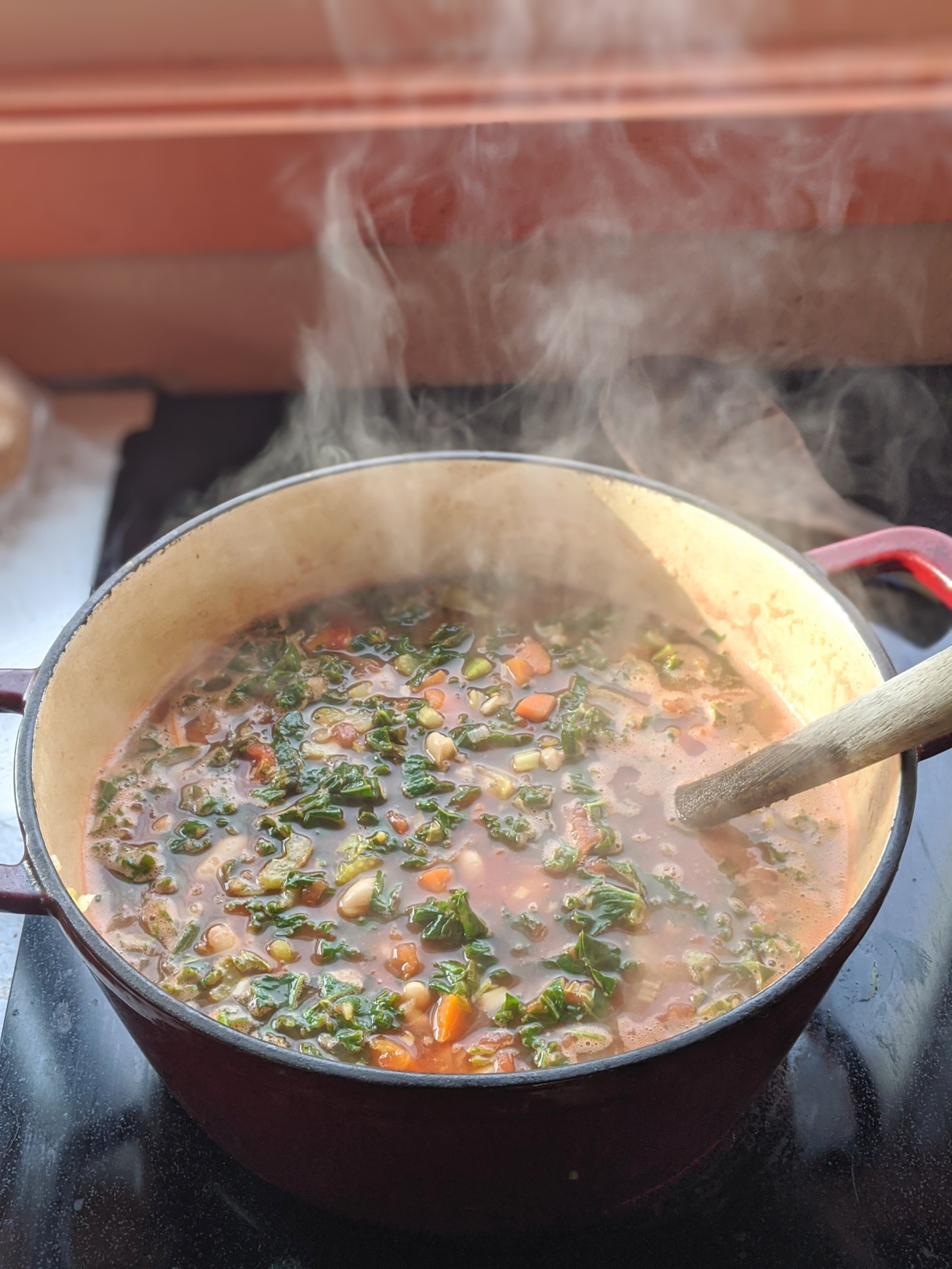 dutch oven italian soup recipe with white beans kale carrots olive oil and celery onions garlic spices vegan gluten free