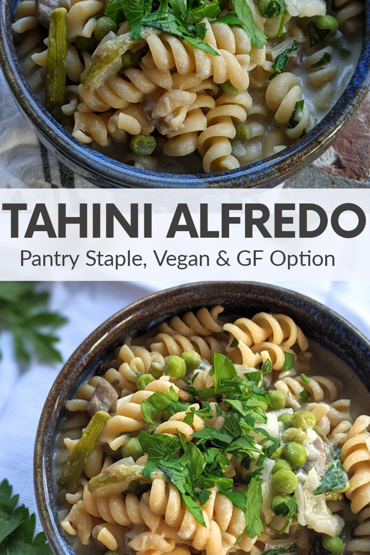 tahini alfredo recipe vegan gluten free nut free dairy free almond milk tahini creamy pasta sauce
