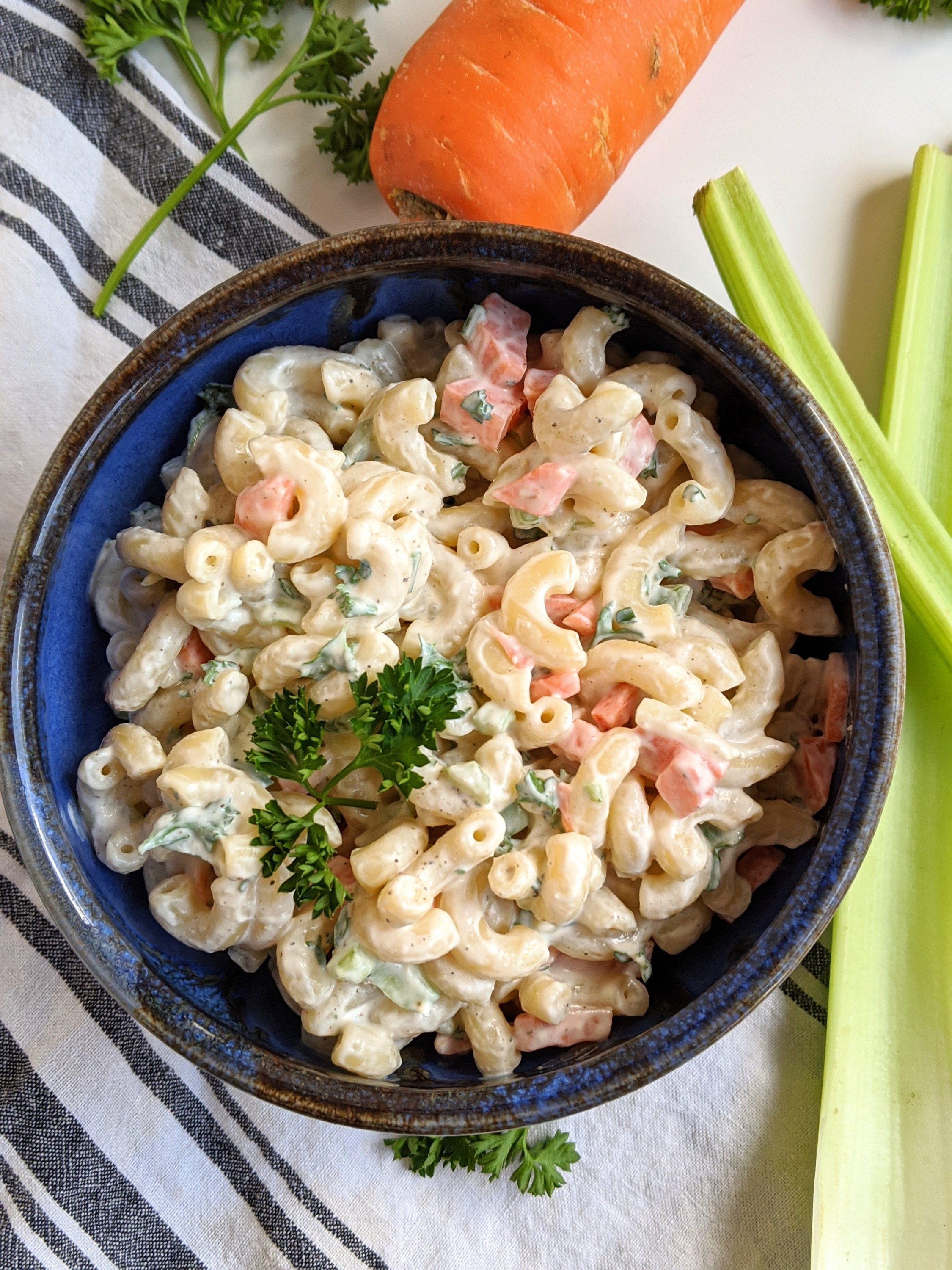 macaroni salad with greek yogurt high protein low fat with carrots celery and parsley