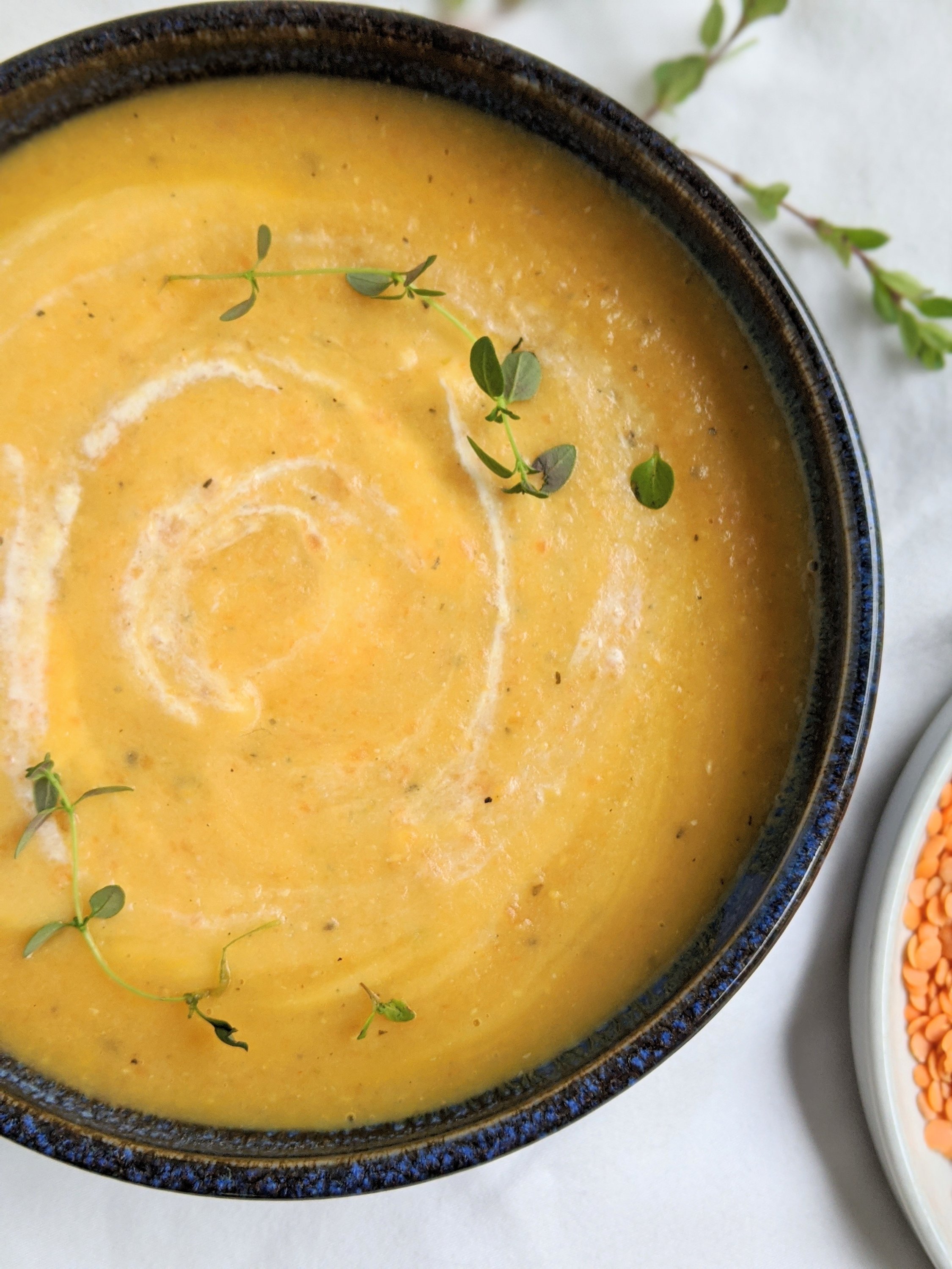 creamy vegan soup recipes healthy no dairy no cream no milk plant based vegetarian veggie soup with lentil and red lentils spices and carrots heathly creamy vegetable soups