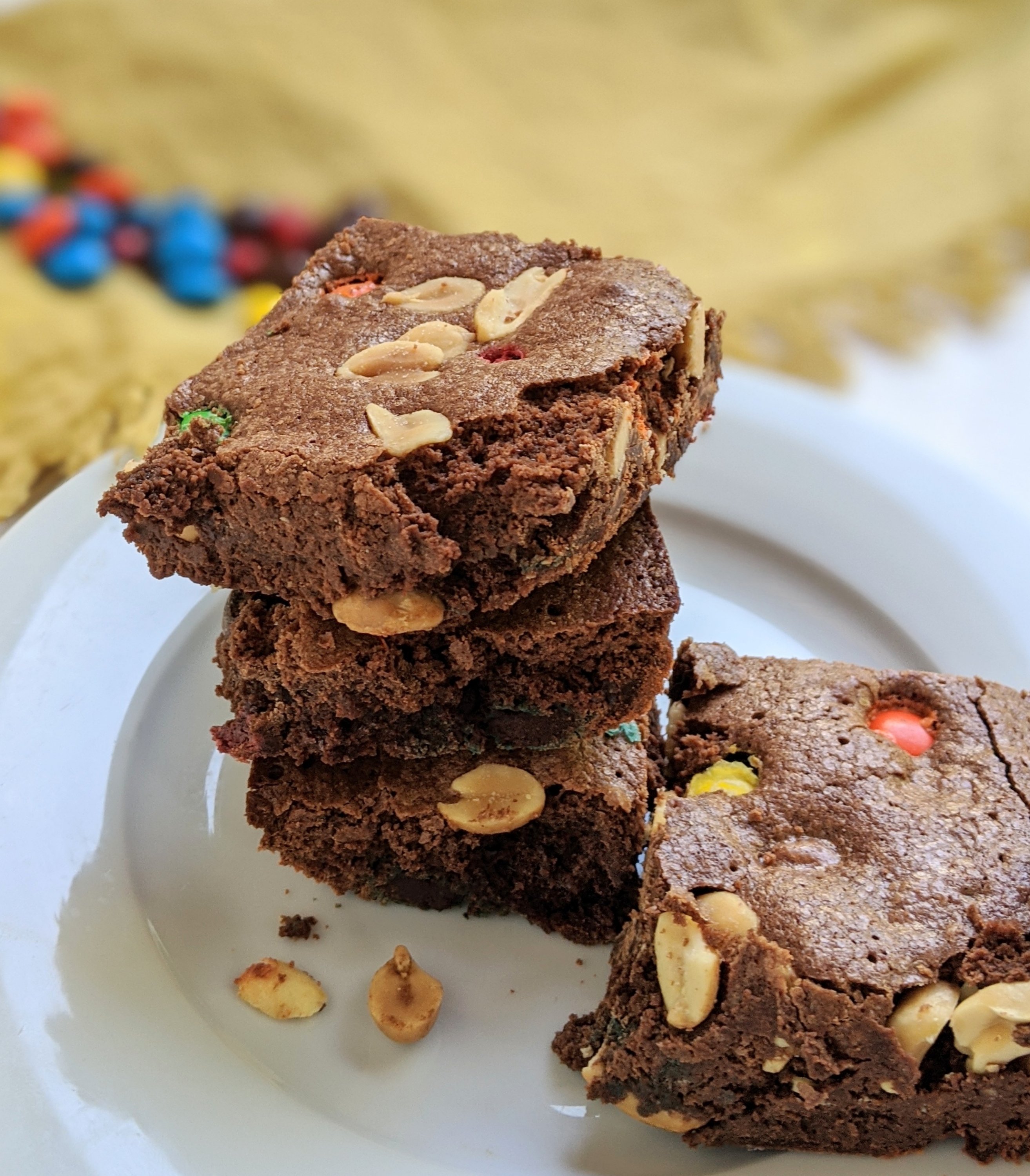 brownie stack with rainbow m&m candy brownies with peanuts nut and M&Ms recipes healthy brownies