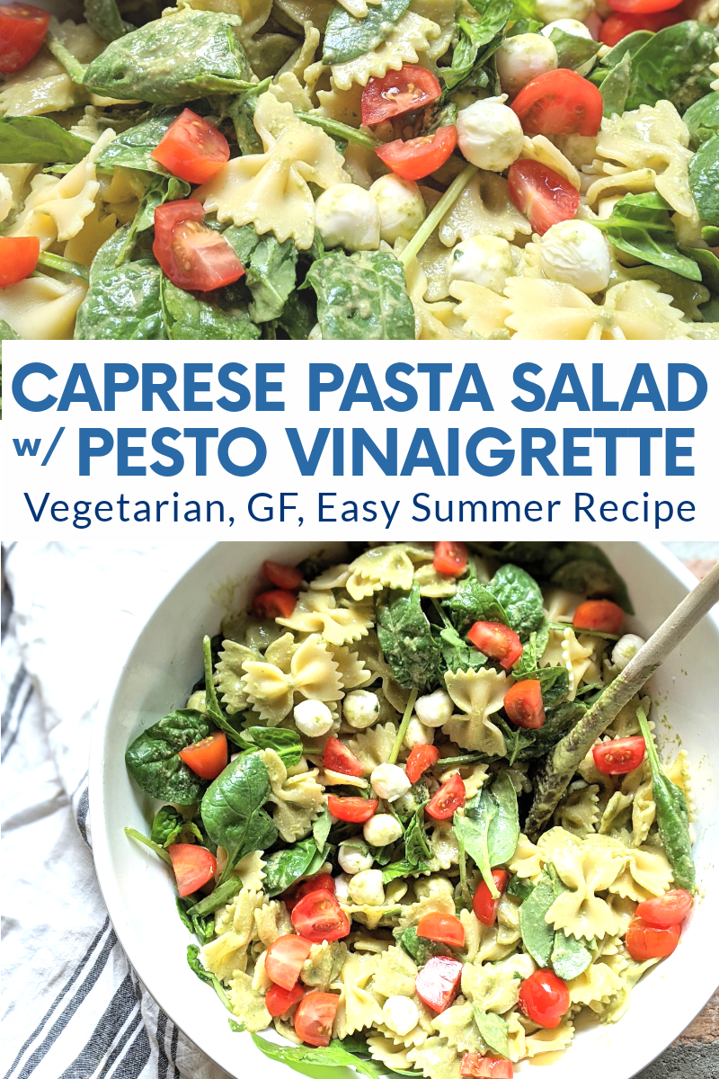 caprese pesto pasta salad recipe with basil balsamic vinaigrette and cherry tomatoes