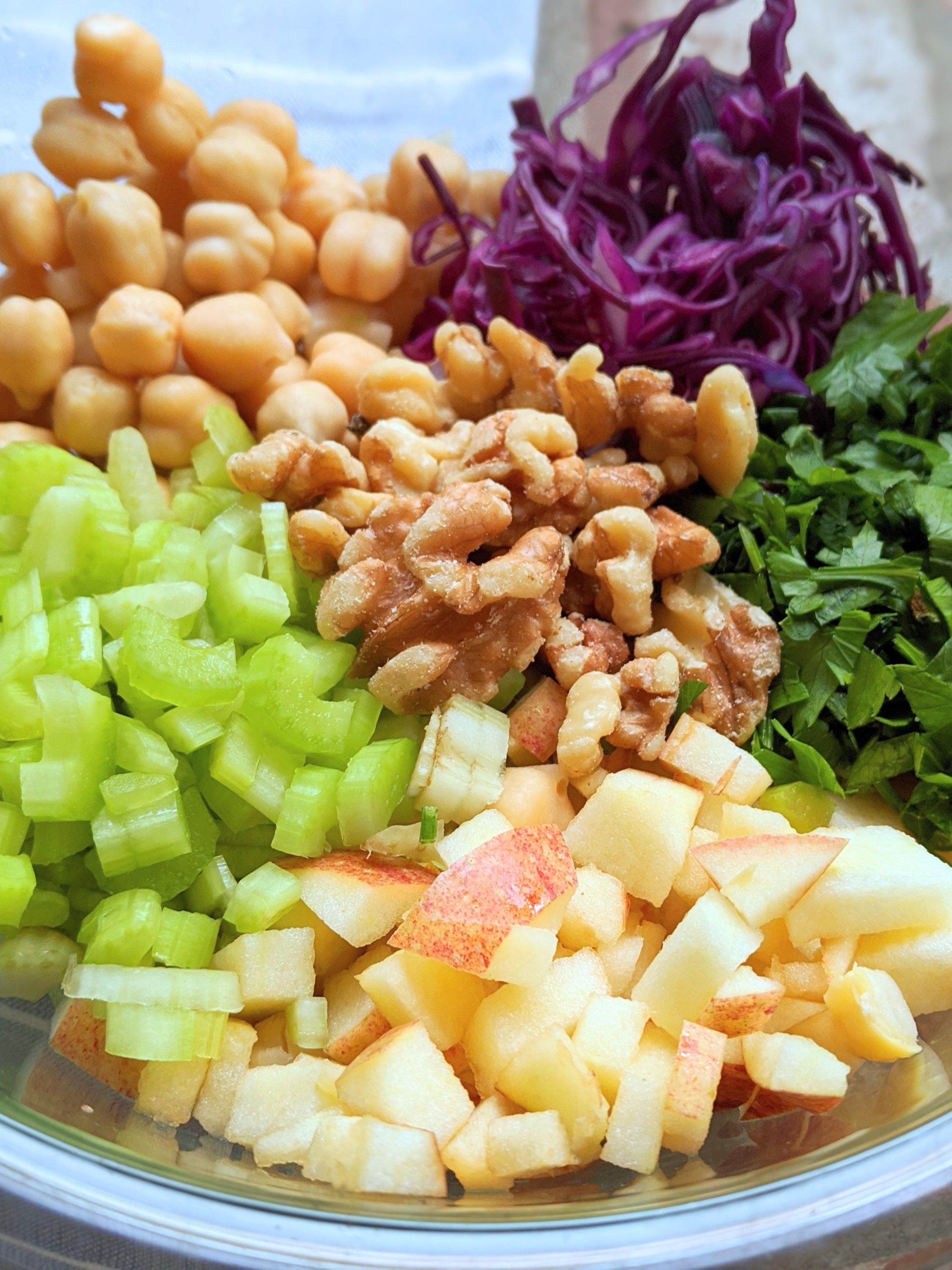 apple celery walnut salad recipe vegan gluten free vegetarian meatless with cabbage and a sweet honey mustard dressing high protein chickpea salad with parsley and nuts