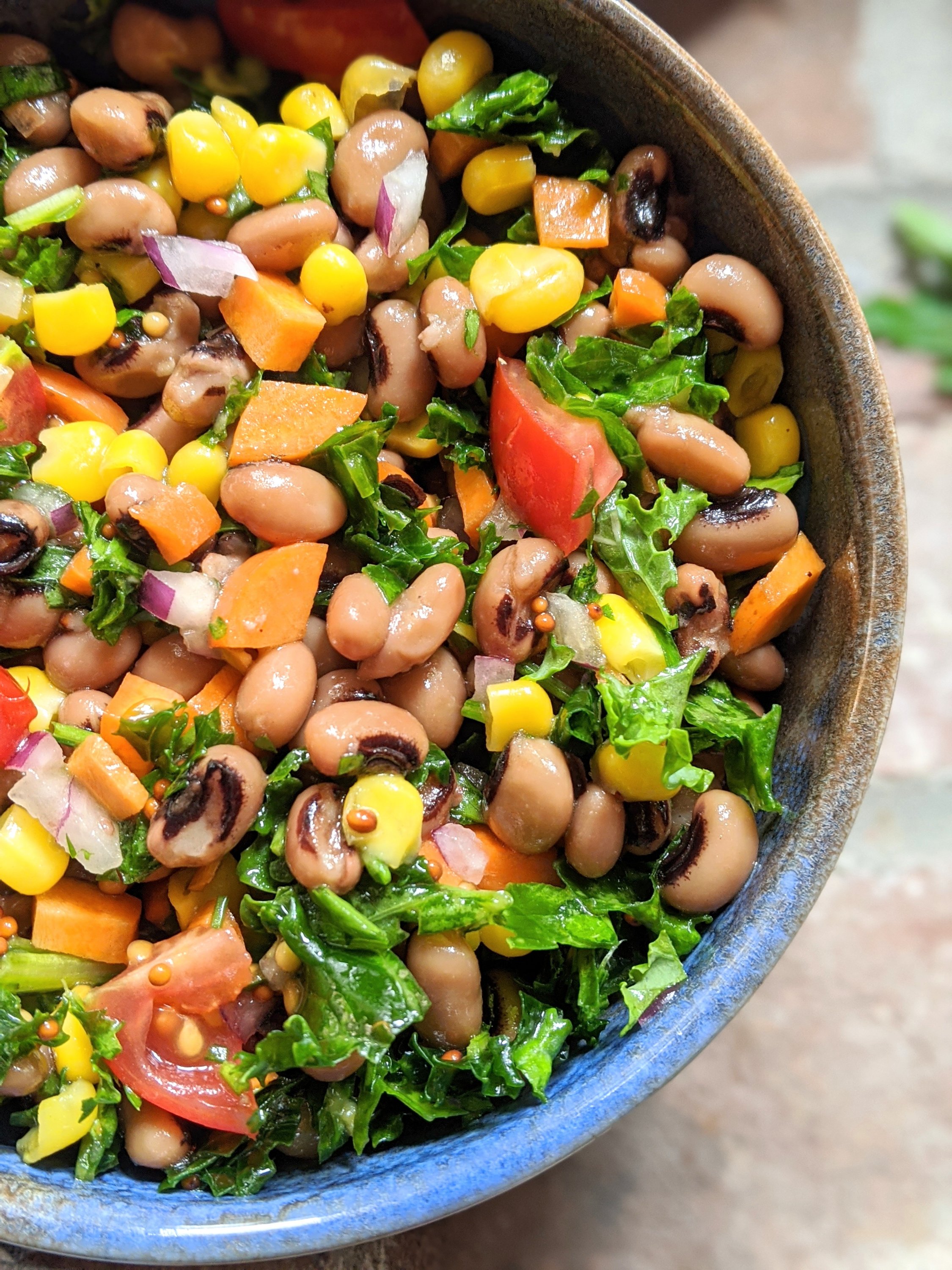 corn and kale salad with black eyed peas vegan southern salad recipes healthy summer potluck salads vegetarian high protein good luck salad for new years day