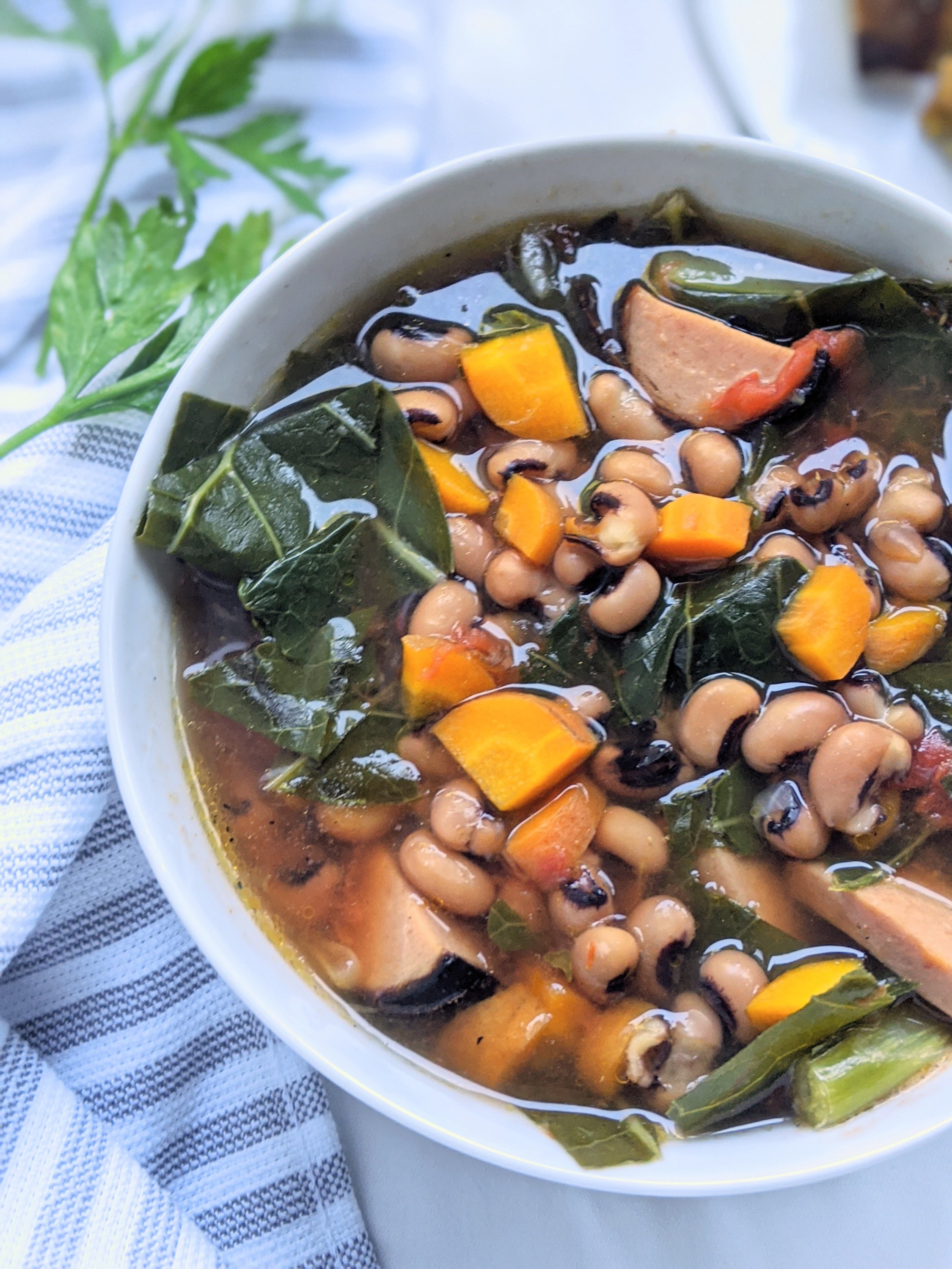 easy vegan black eyed pea soup recipe with sausage and collard greens spinach kale healthy gluten free vegetarian no eggs no dairy