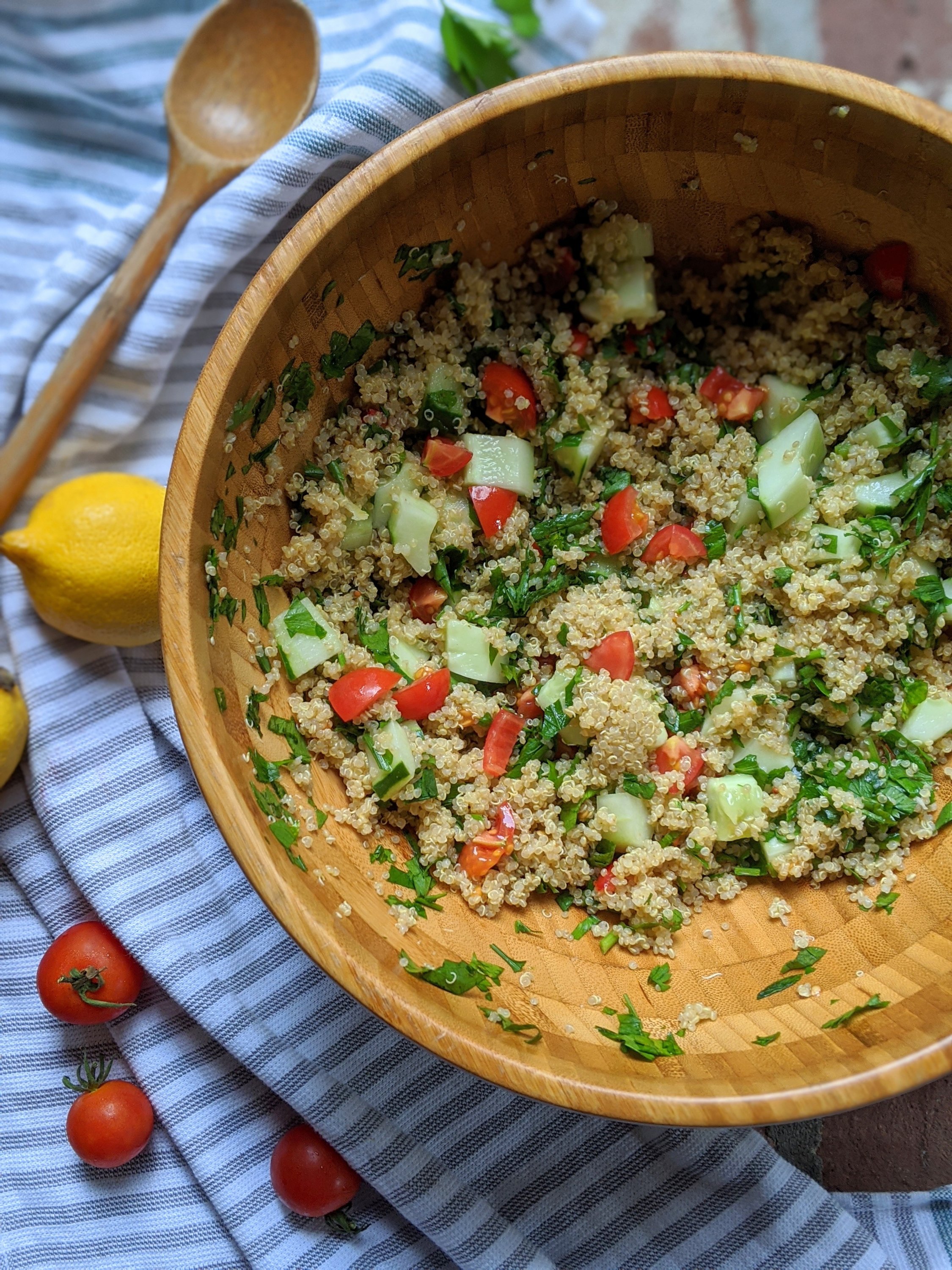 meatless summer side dish recipes quinoa salad vegan vegetarian gluten free with cucumber tomatoes and parsley healthy mediterranean diet salads high protein vegetarian recipes