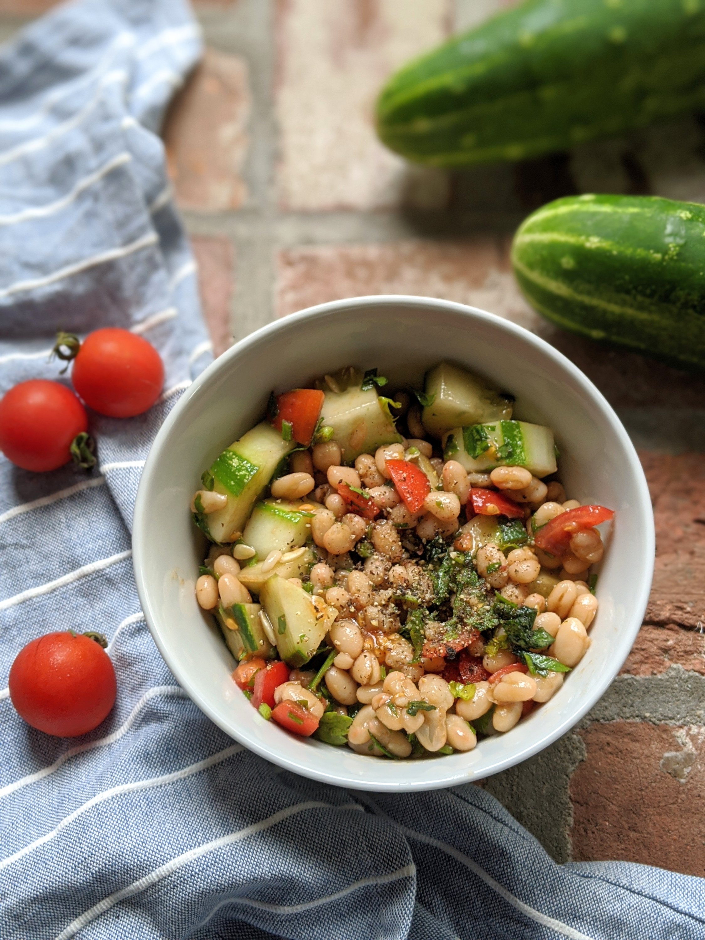 white bean and vegetable salad no cook summer recipes vegan gluten free vegetarian side dishes summer produce tomatoes and cucumbers from the garden
