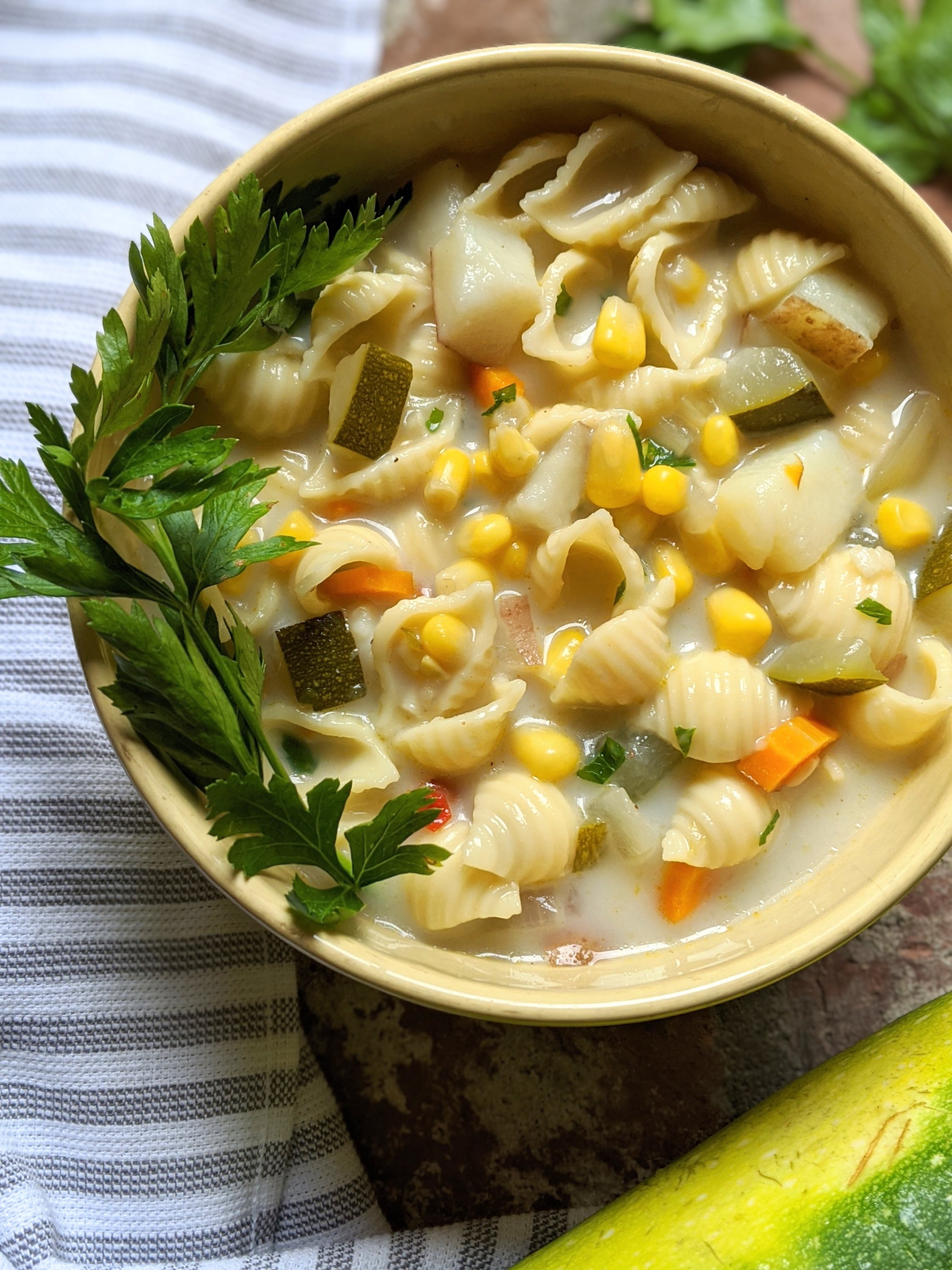 dairy free chowder recipe vegan tluten free vegetarian meatless corn and zucchini soup recipe with pasta no dairy garden vegetables
