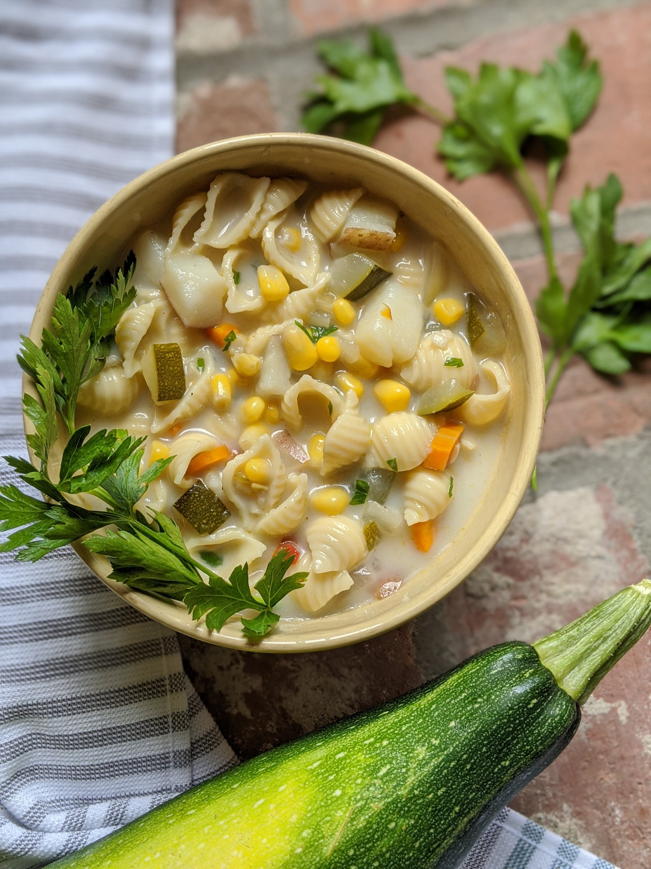 meal prep vegan soup recipe with zucchini courgette chowder and corn pasta gluten free shells soup garden recipes with product corn squash