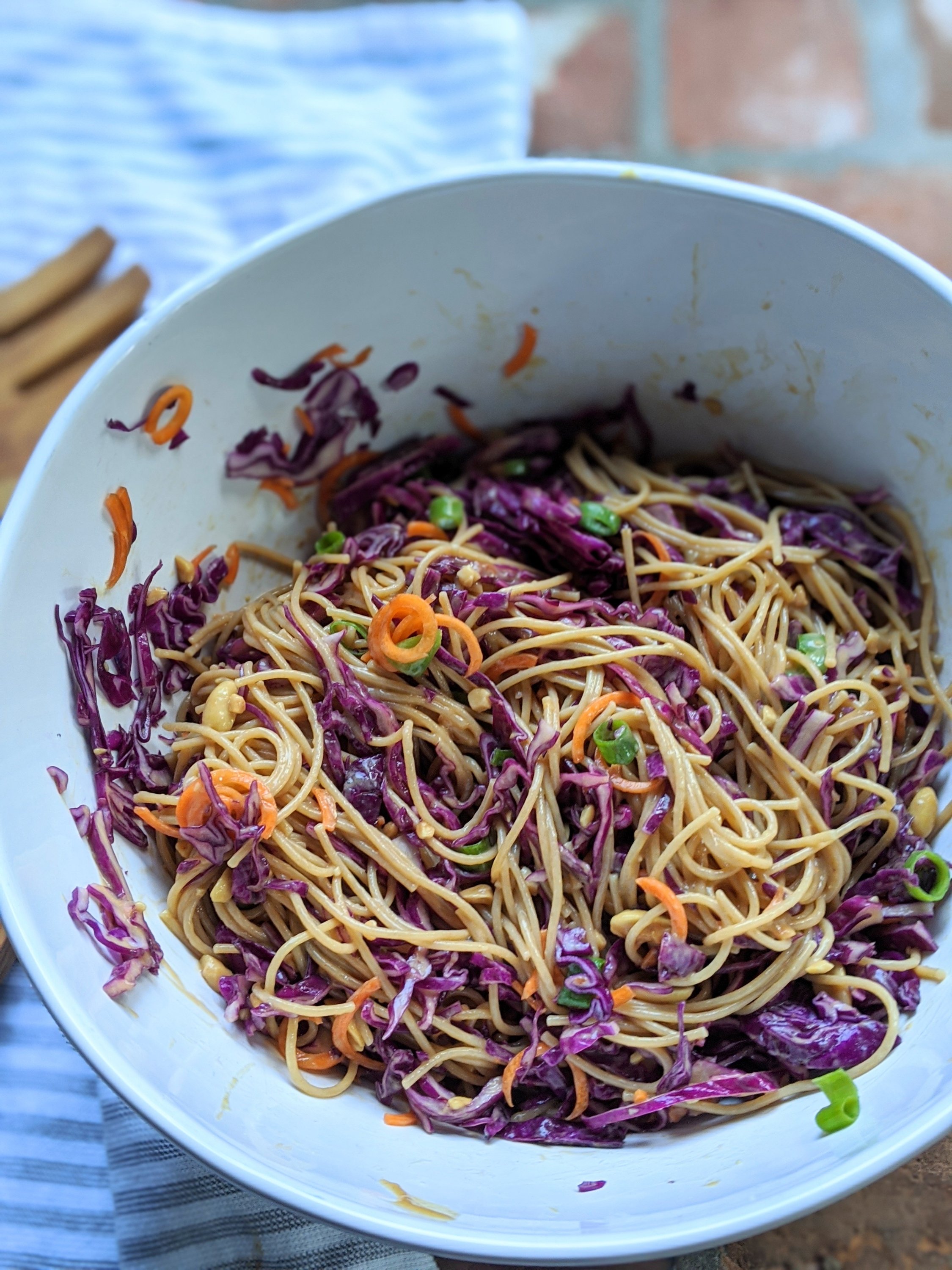 sweet and salty pasta salad recipe made with peanut sauce vegan gluten free vegetarian meatless side dishes pasta salad recipes asian for a crowd rice noodle or asian spaghetti salad reipe