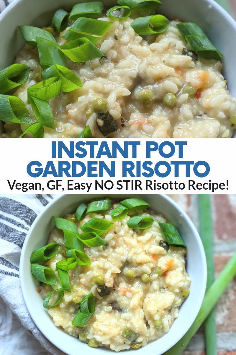 vegan instant pot risotto recipe no stir healthy gluten free vegetarian garden vegetable veggies with tomatoes green onions peas spring risotto in the pressure cooker recipe