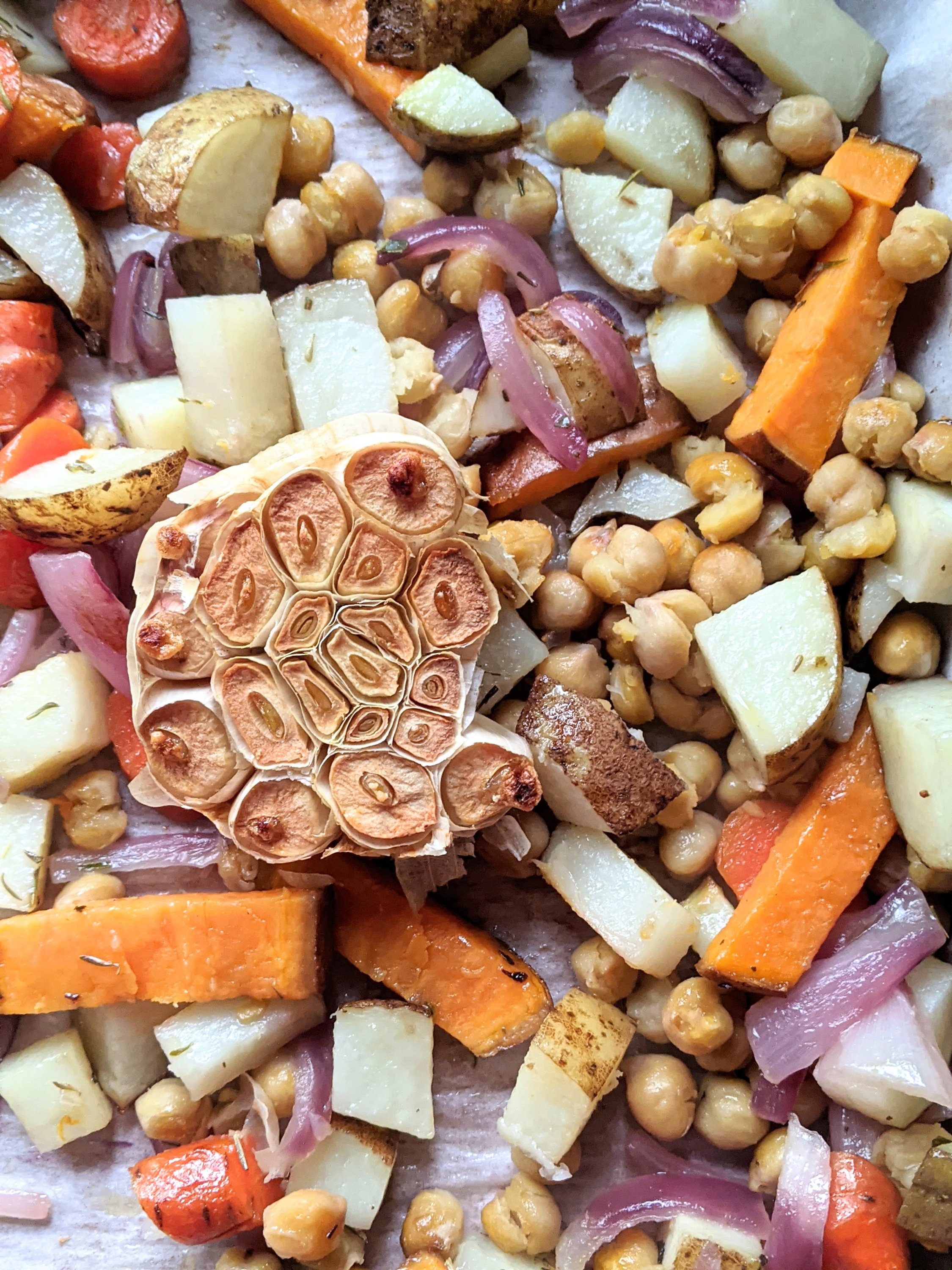 vegan sheet pan dinner recipe with chickpeas and root vegetables garlic