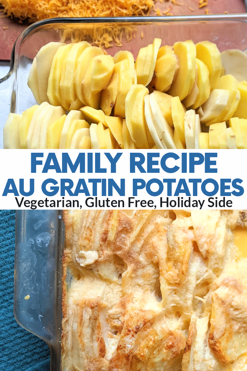 baked au gratin potatoes in the oven baking dish healthy gluten free vegetarian chistmas or thanksgiving side dish