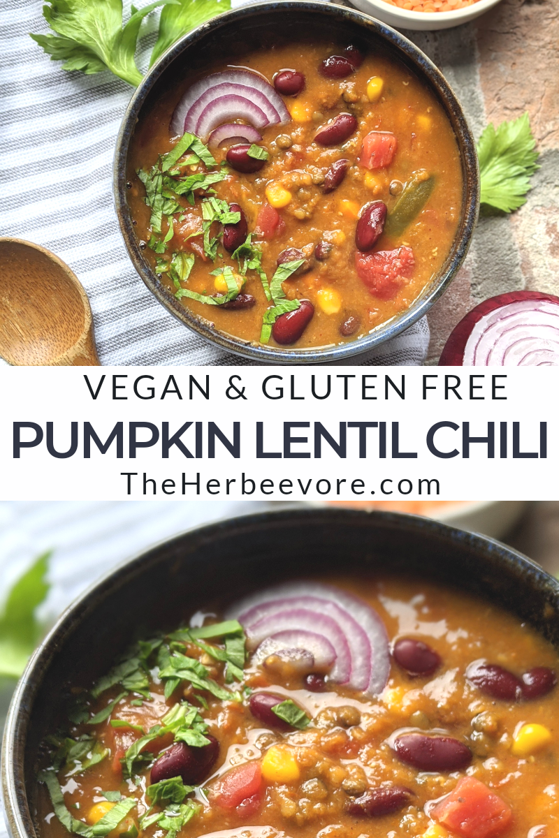 vegan pumpkin lentil chili recipe vegetarian gluten free high protein pantry staple ingredeints recipes healthy meal prep for fall or winter recipes with canned pumpkin