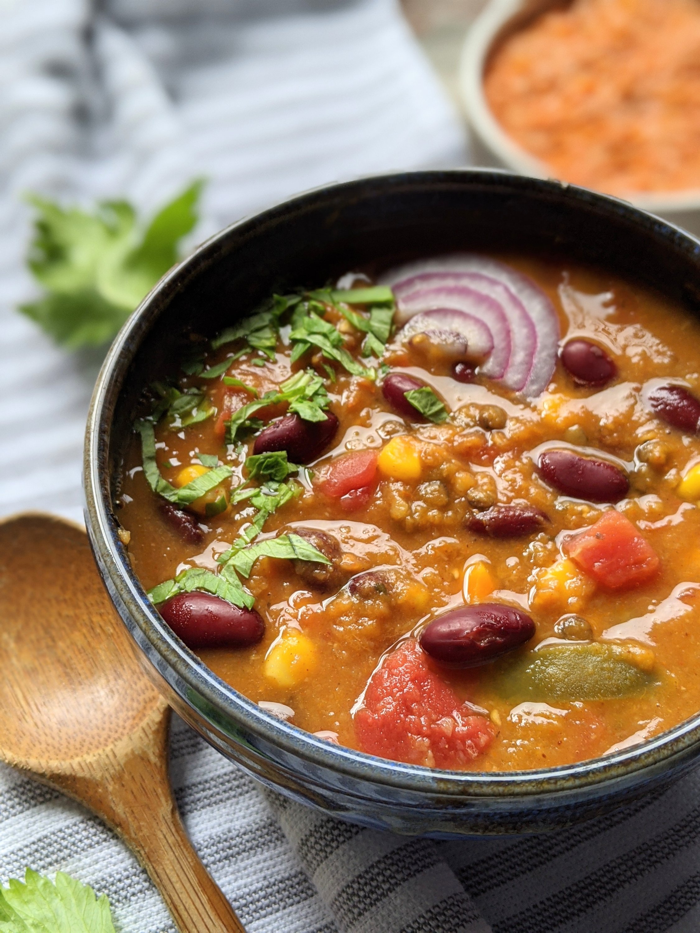 pantry chili recipe with beans lentils vegan gluten free tomatoes corn