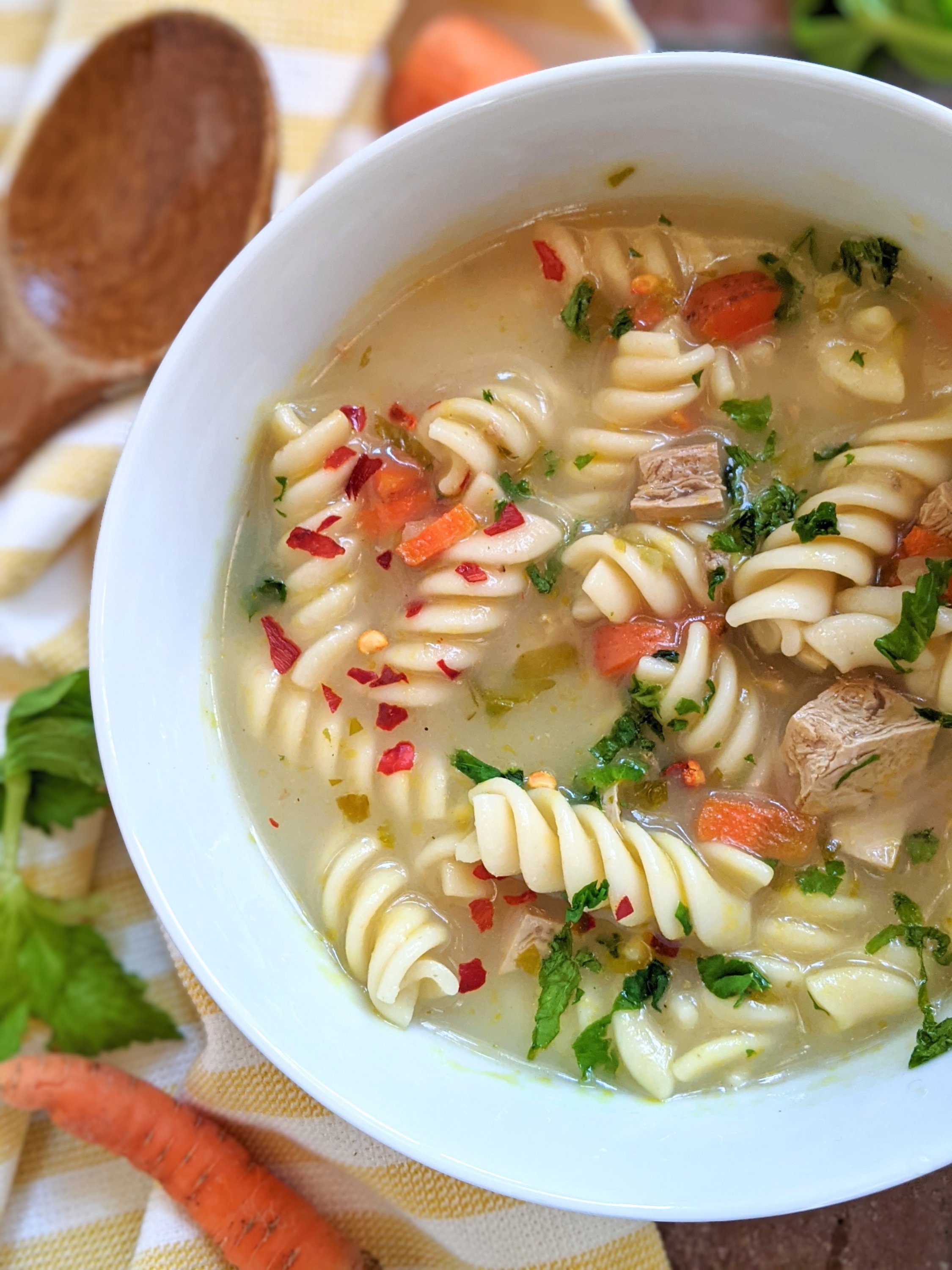 vegan chicken noodle soup recipe healthy high protein gluten free creamy soup with coconut milk and pasta vegetables and tofu