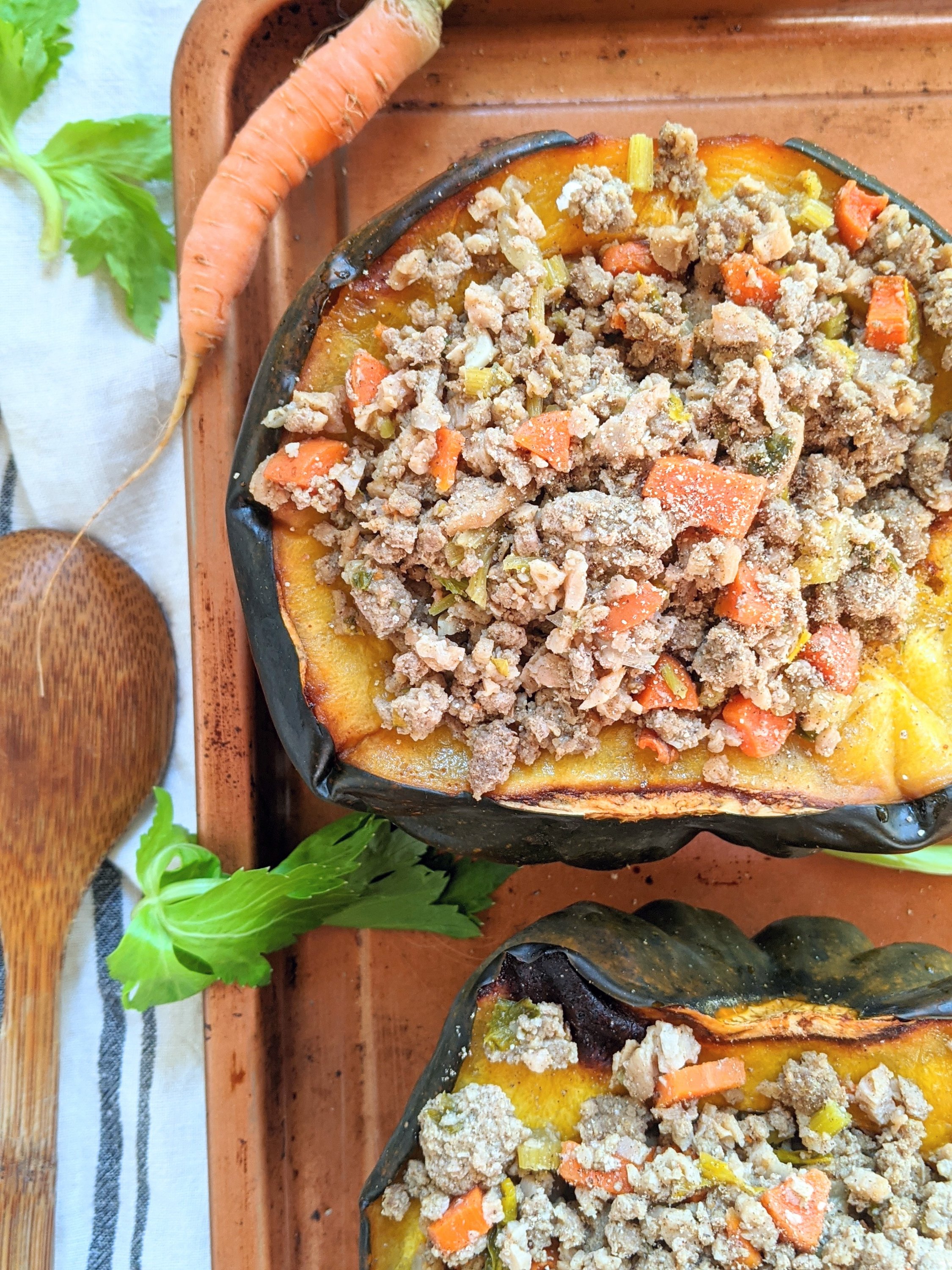 acorn squash with ground turkey stuffed with carrots, onion, celery, sage, spices keto recipes