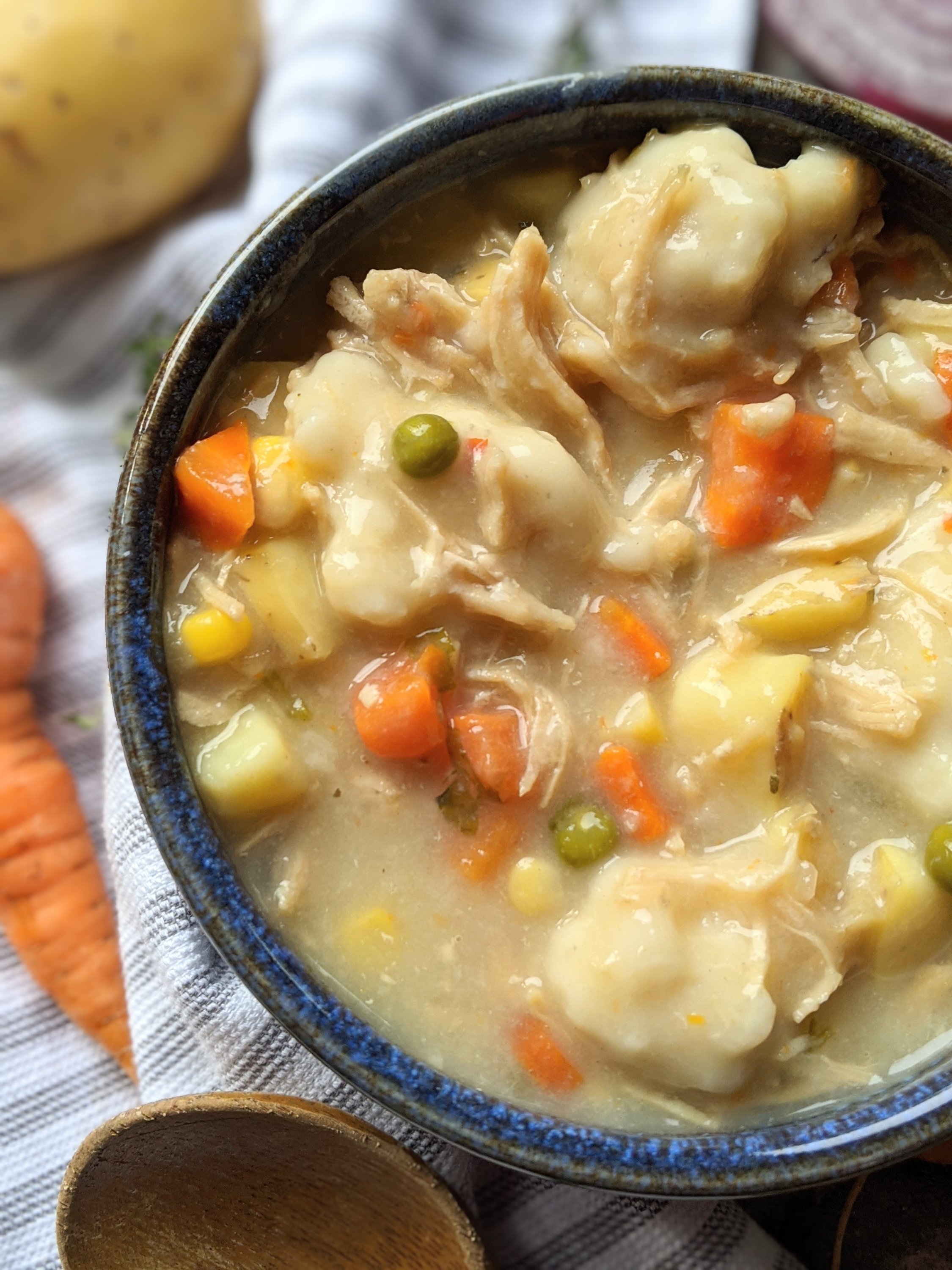 creamy chicken and dumplings soup healthy dairy free no milk gluten free option thanksgiving leftovers recipe