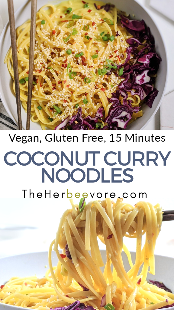 vegan gluten free coconut curry noodles recipe with rice noodles fresh vegetables like carrots bean sprouts cabbage onion garlic noodles for healthy meal prep lunch