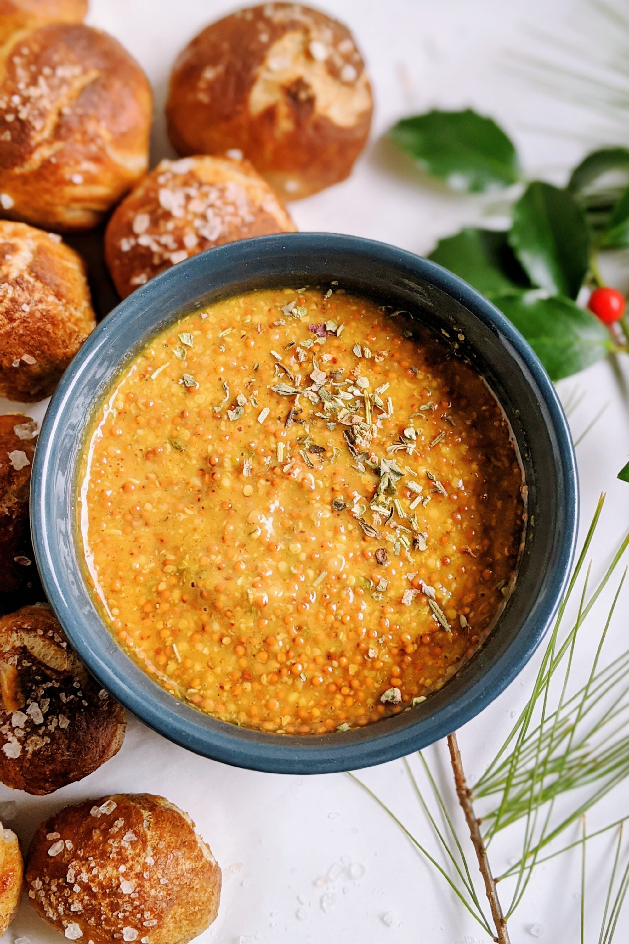 sweet herb mustard dipping sauce with whole grain mustard yellow mustard maple syrup all natrual sweetener and herbs de provance thyme rosemary savory sage lavender