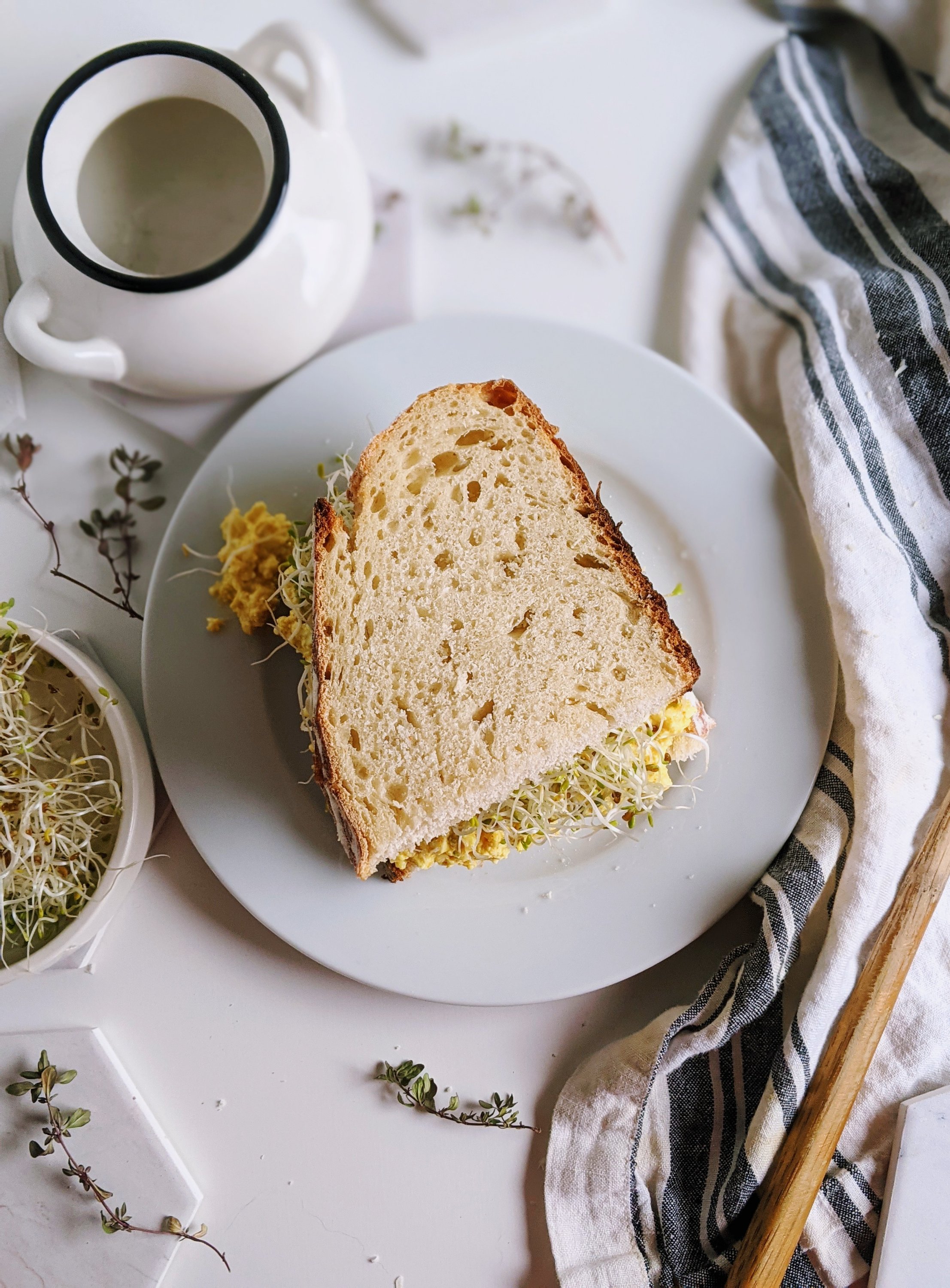 vegan egg salad sandwich with tofu recipe and turmeric sourdough bread homemade ealthy meal prep batch cook make ahead sandwich recipes for work or school lunches