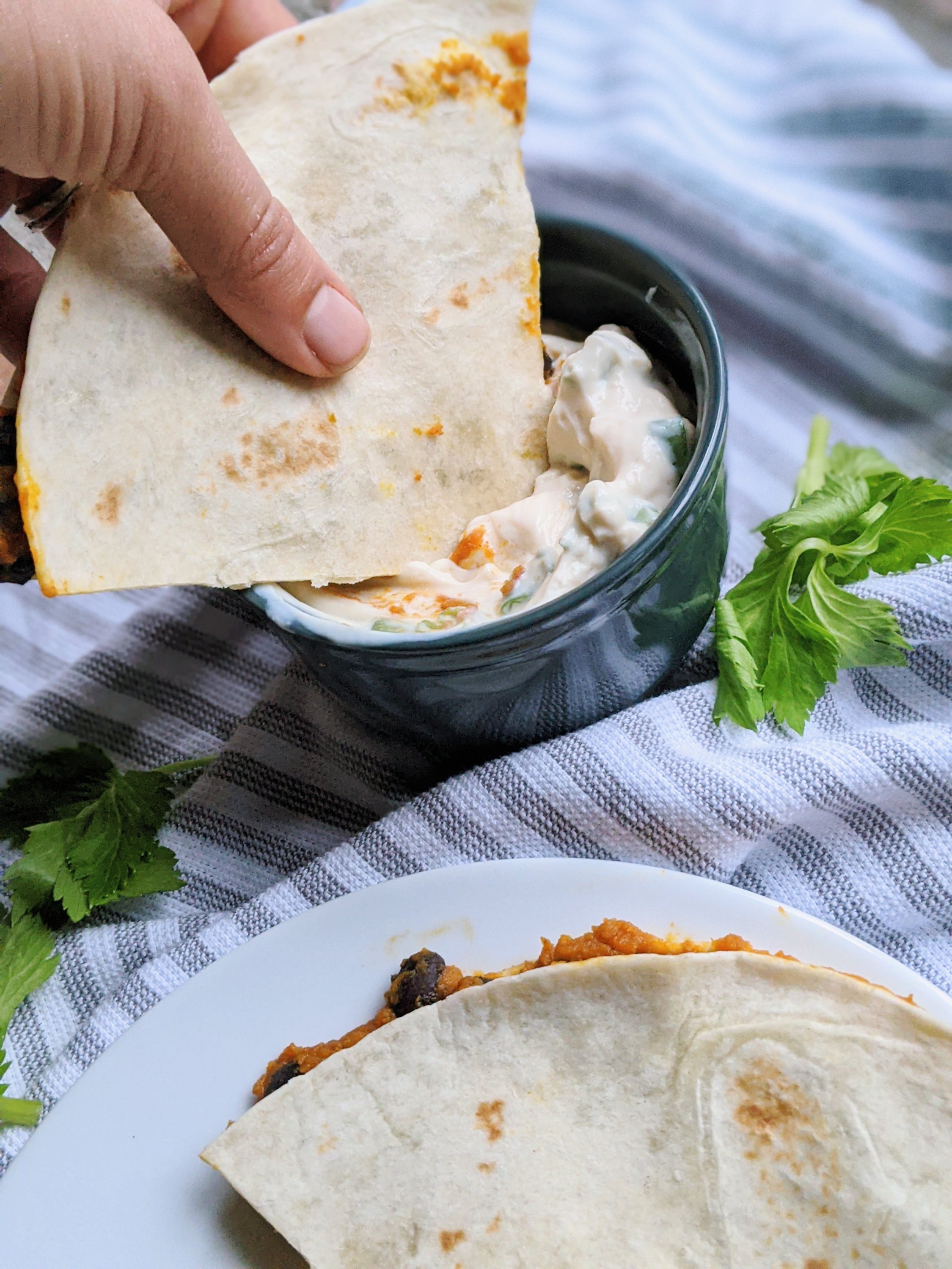 vegan quesadilla recipes with tofu sour cream made with silden tofu and green onions black bean quesadillas high protein vegetarian meals lunches to meal prep and make ahead