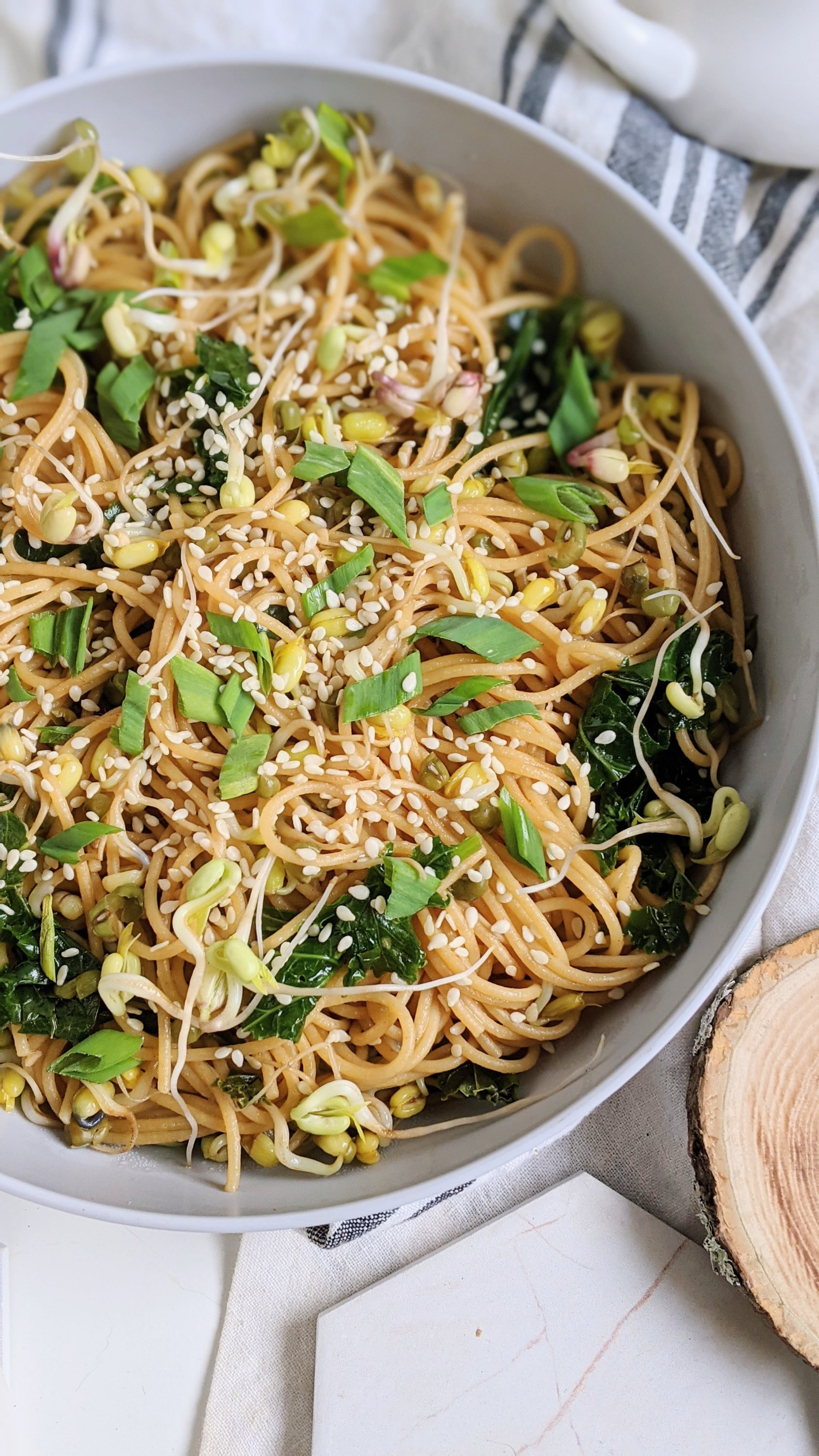 kale garlic noodles with bean sprouts and sesame seeds vegan gluten free vegetarian veganuary meatless monday recipes with pasta noodles