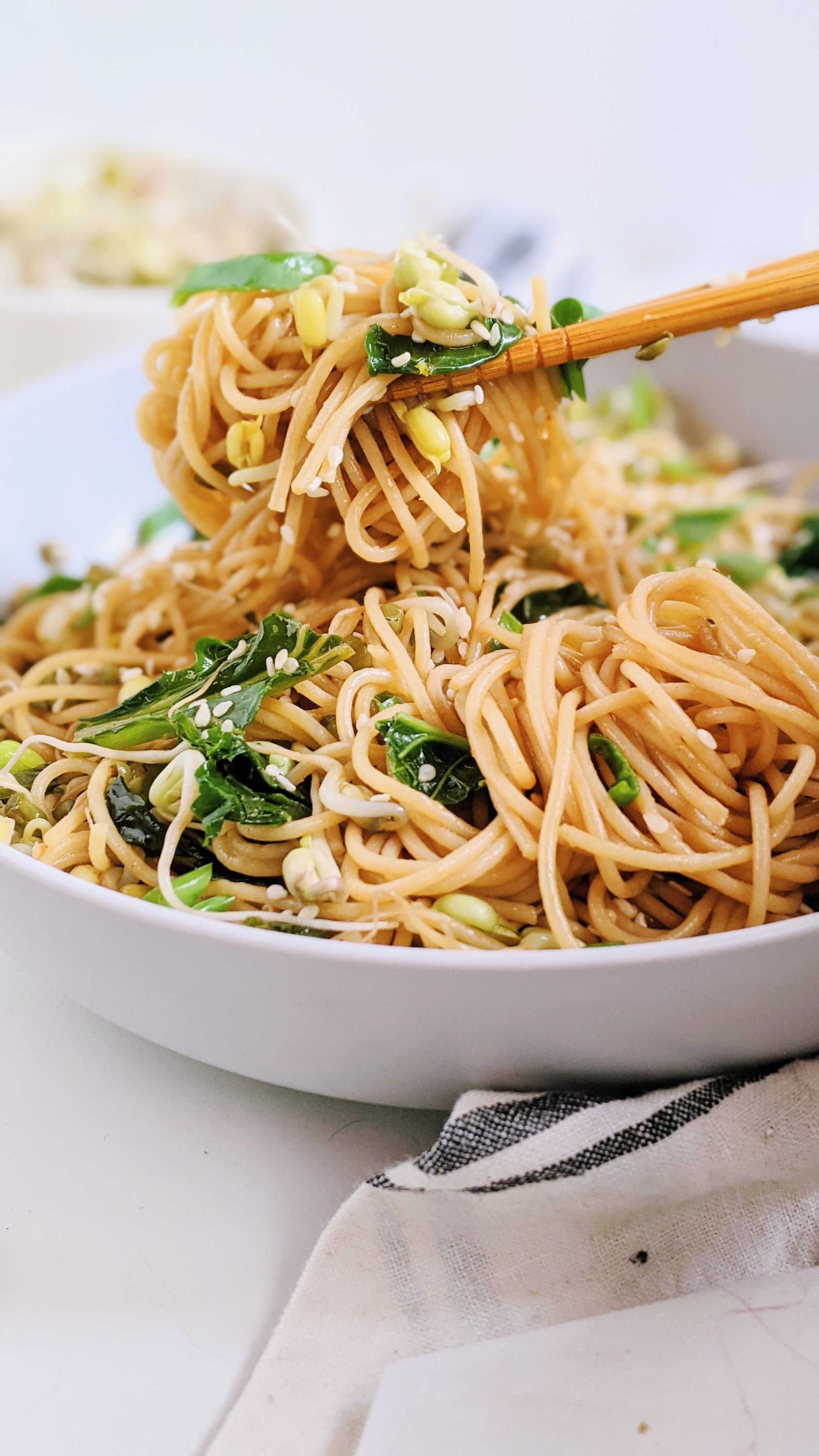 15 minute asian noodle stir fry noodles recipe vegan gluten free bean sprouts kale healthy plant based lunches or dinners gluten free