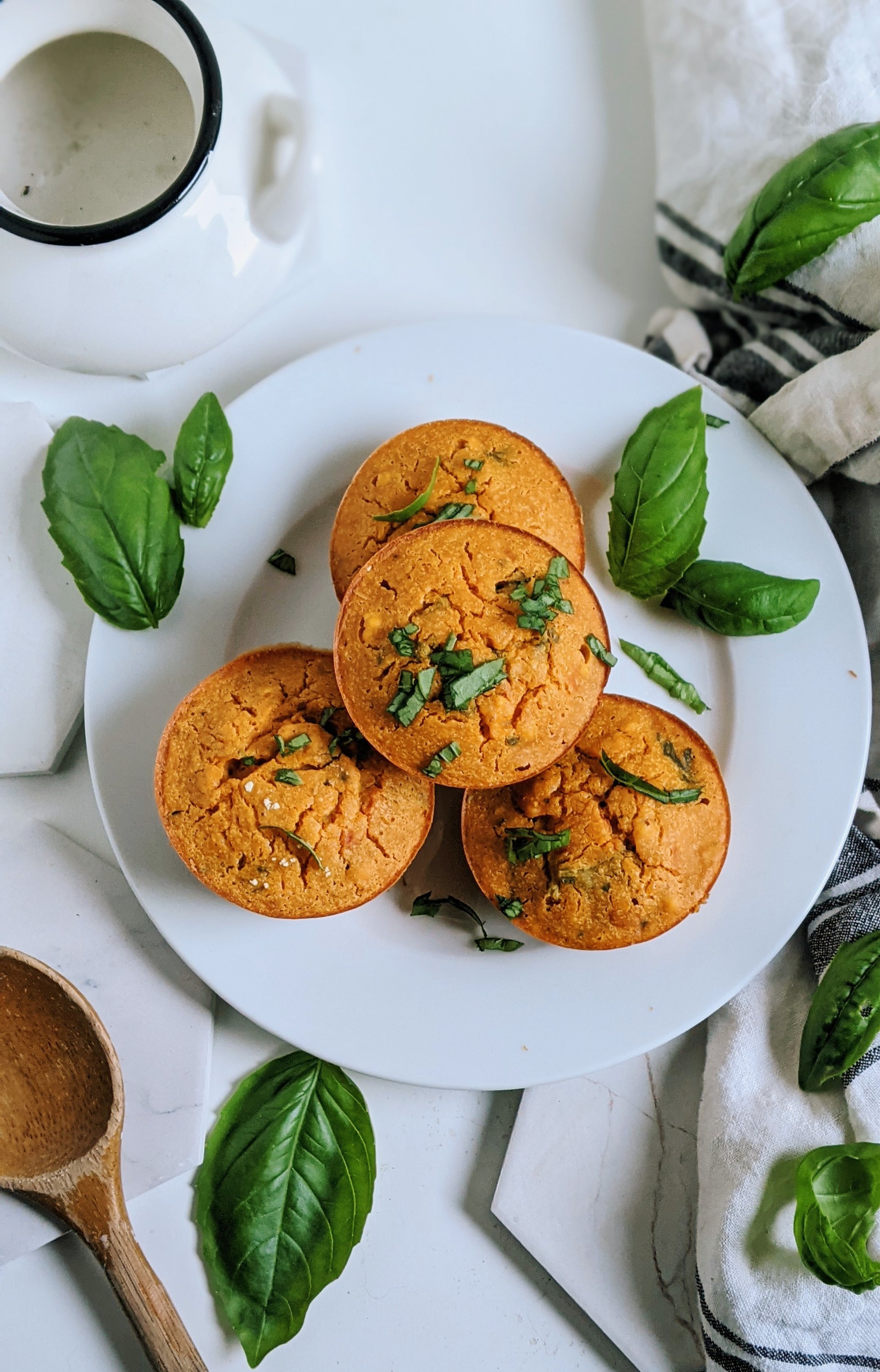 gluten free savory muffins tomato basil chickpea flour vegan grain free baking recipes high vegan protein breakfasts healthy make ahead breakfast recipes and ideas for school or work office on the go