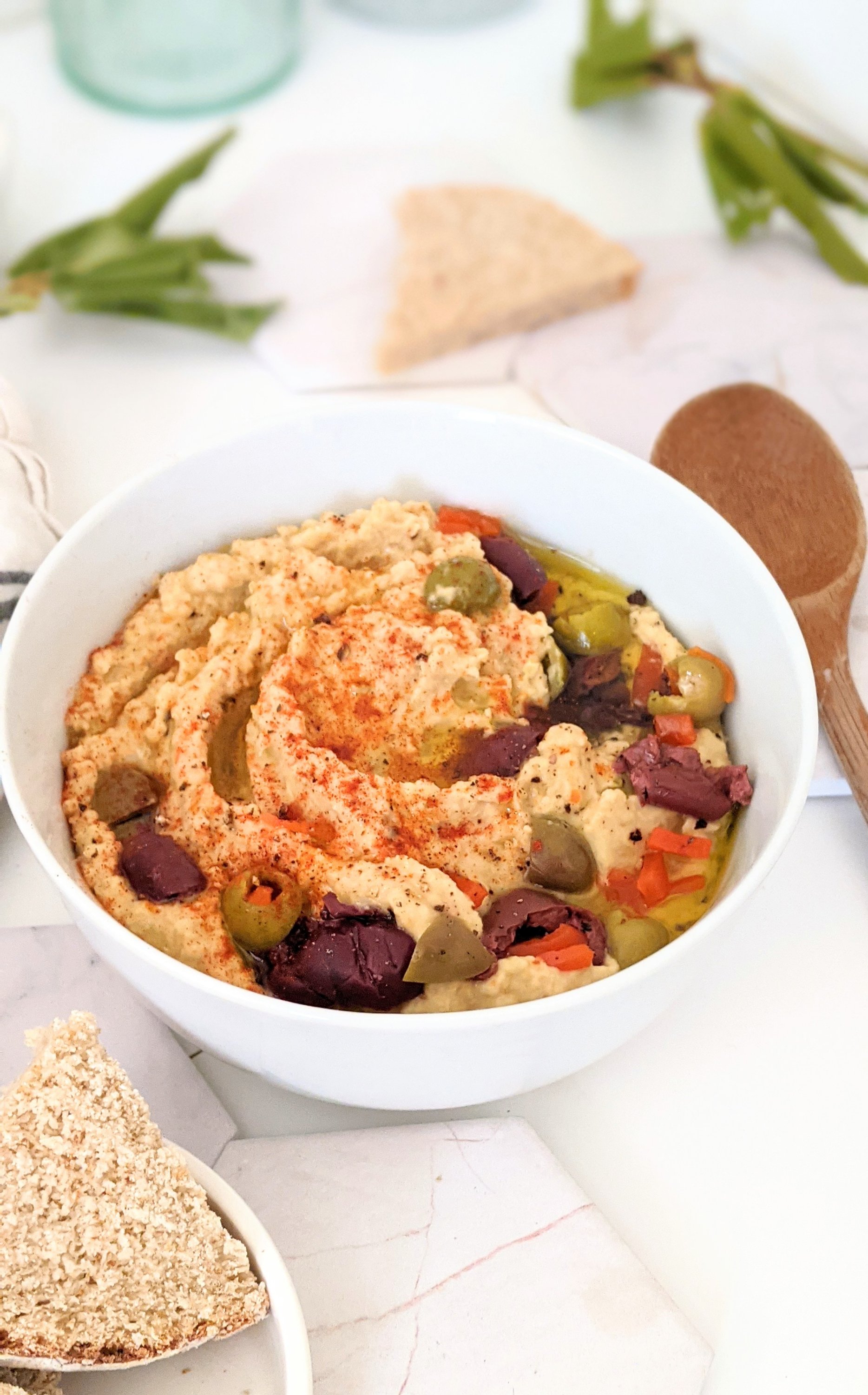 hummus without tahini recipes with olives kalamata olives and green olives and olive oil hummus with bold bright flavor vegan vegetarian gluten free party dips