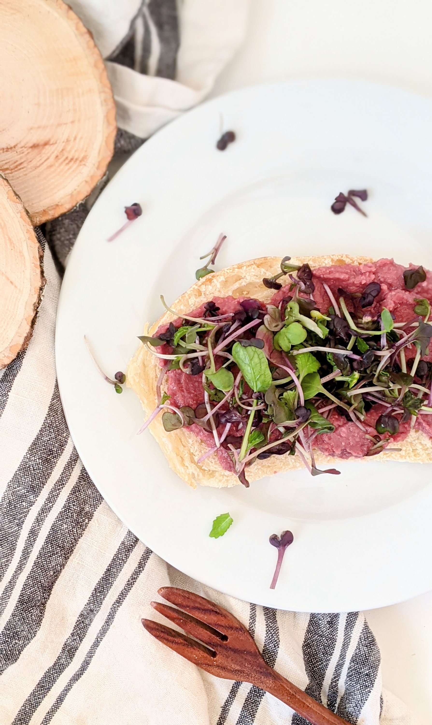 beet hummus tartine recipe open faced sandwich with beet hummus and microgreens healthy sprouts and beets sandwich vegan gluten free breakfast or snack or light lunch tartines