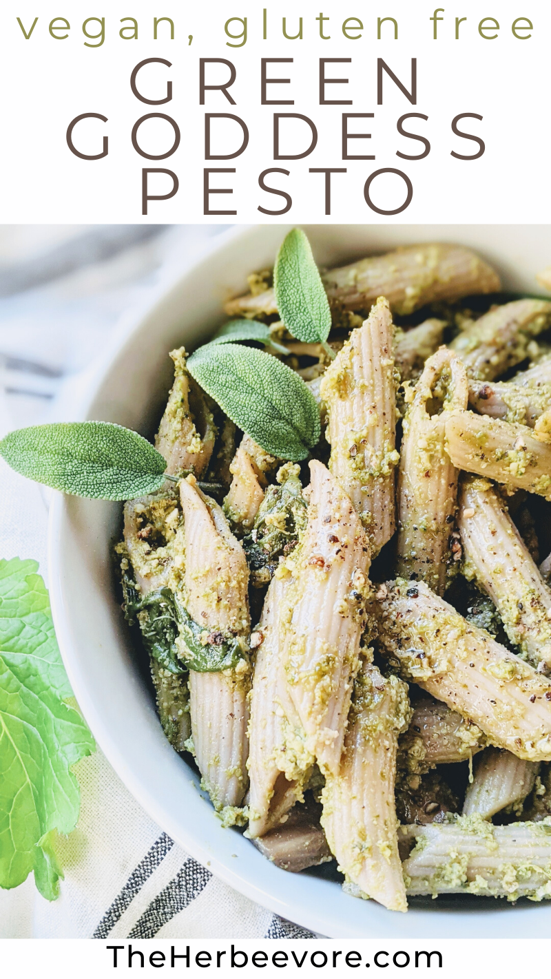 dairy free green goddess pesto gluten free vegan vegetarian pasta with herbs recipe herb sauce for pasta with parsley basil sage and garlic healthy no cook pasta sauces