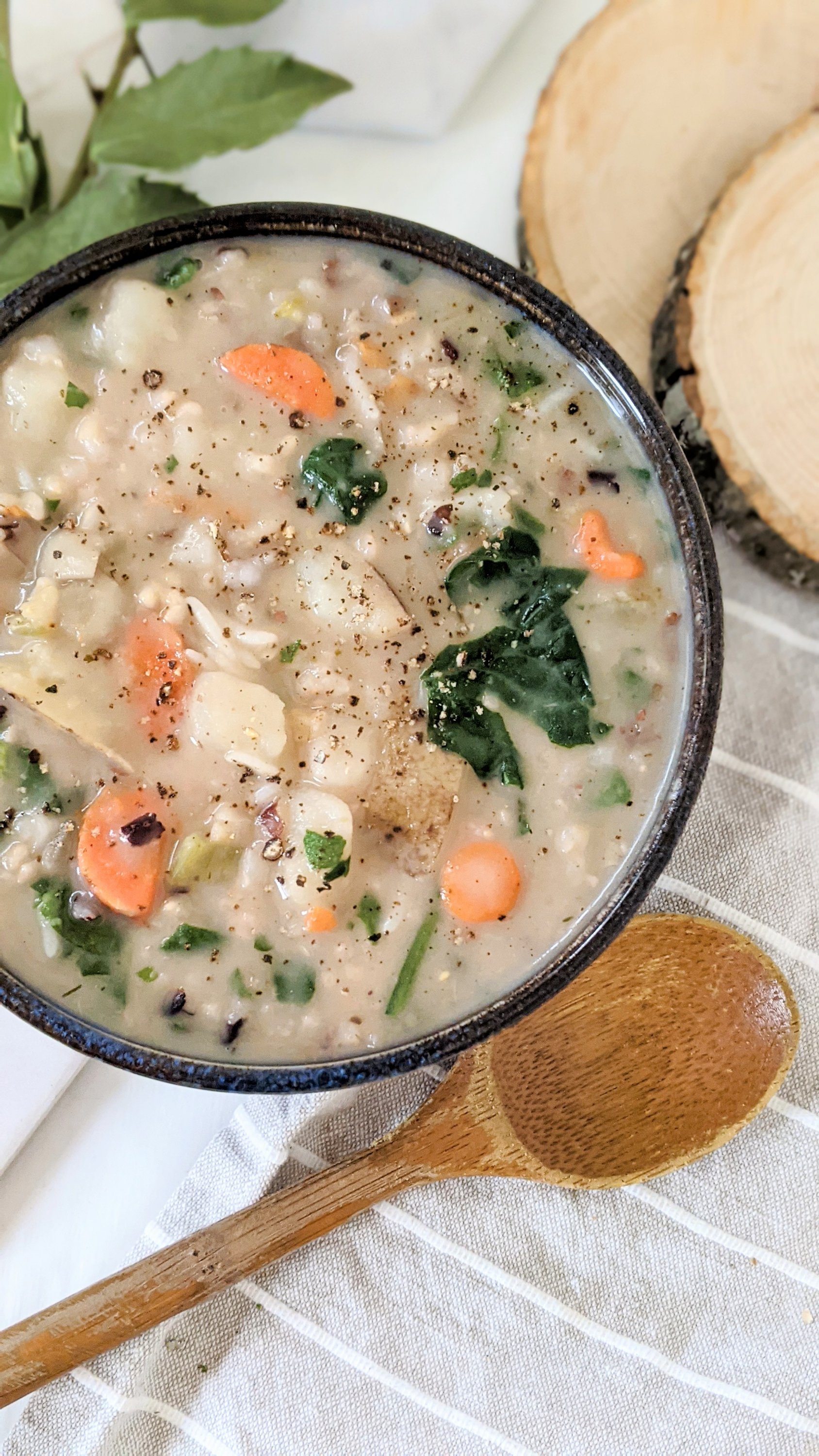 creamy dairy free potato wild rice soup recipe with carrots, celery, coconut milk, spinach, french spices, herbes de provence, and parsley
