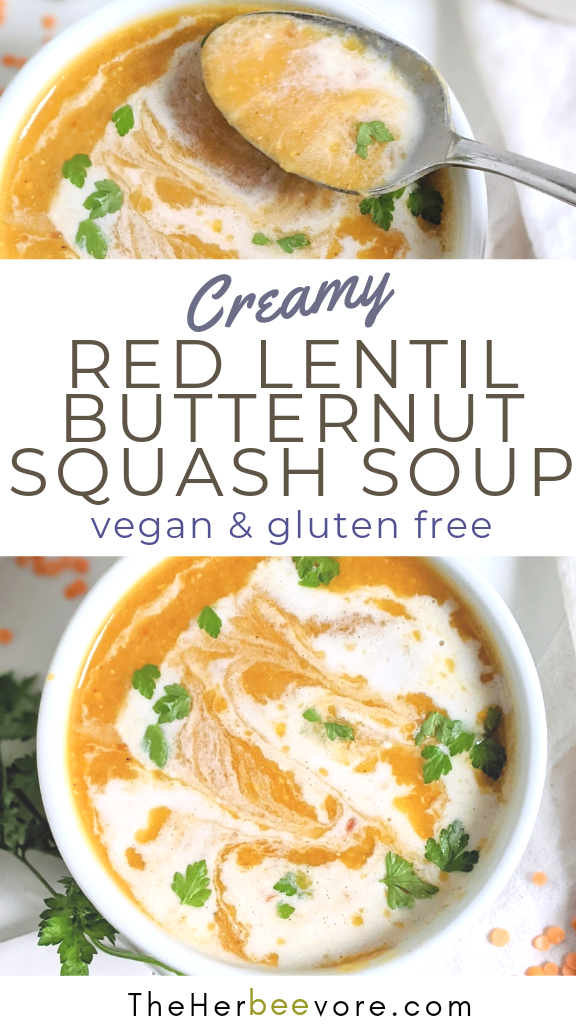 red lentil butternut squash soup recipe vegan gluten free plant based autumn soup recipes healthy high protein soups dairy free squash soup
