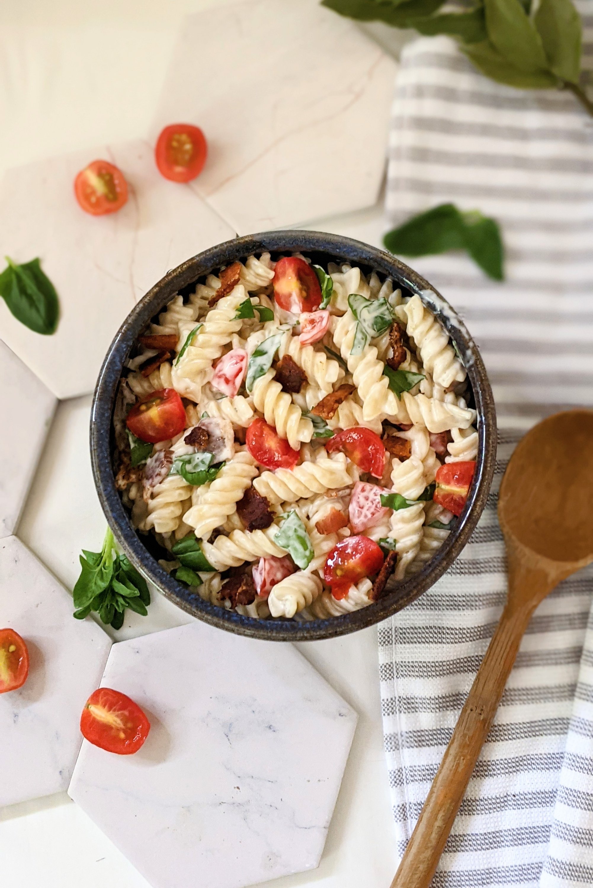 creamy blt pasta salad with ranch dressing vegan gluten free vegetarian and dairy free options for bacon lettuce and tomato pasta salad for summer bbq recipes