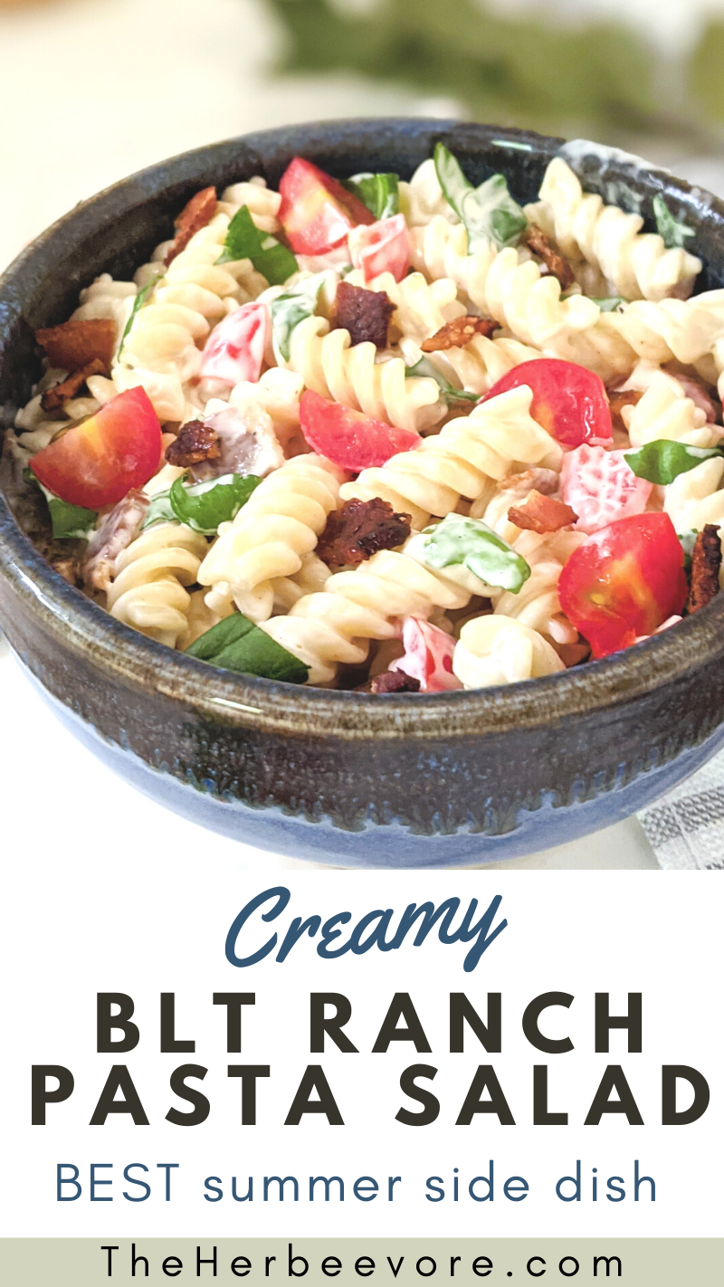 creamy BLT ranch pasta salad recipe bacon lettuce and tomato pasta salad for summer cookouts bbqs and parties
