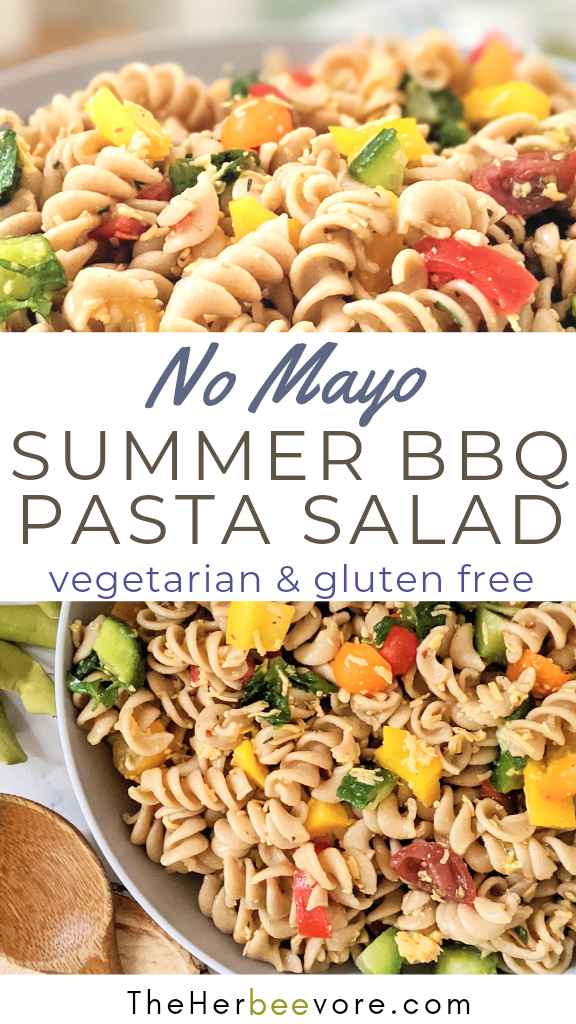 no mayo summer bbq pasta salad recipe vegetarian sunner bbq side dish pasta salad recipe with rotini tomatoes cucumber and bell pepper