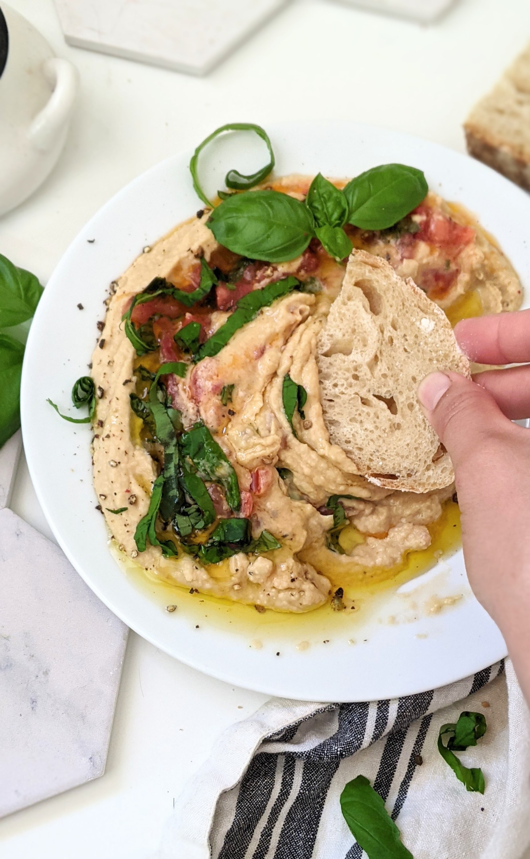 plant based no cook appetizer recipes for summer party dips vegan gluten free easy and healthy bruschetta hummus with tomatoes basil olive oil garlic paprika and canned chickpeas low sodium