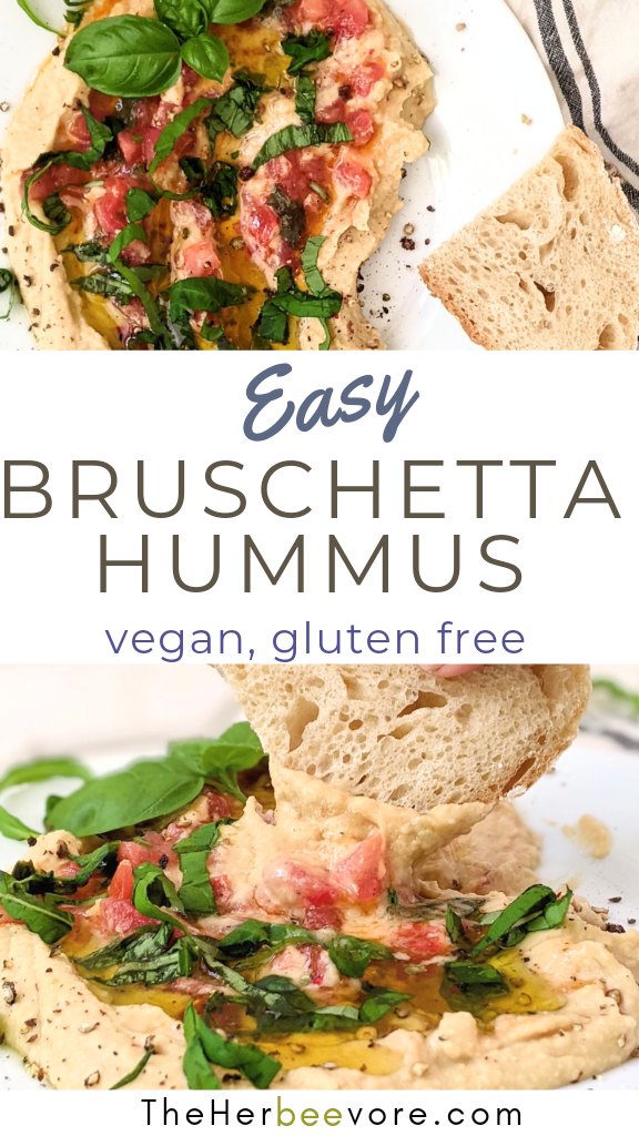 easy hummus with bruschetta vegan recipe side dishes for summer bbq parties party appetizers vegan gluten free no cook summer side dishes healthy plant based tomato basil hummus