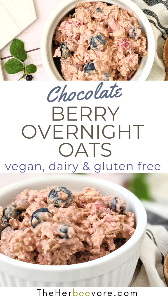 vegan berry chocolate overnight oats recipe gluten free no cook breakfst recipes with strawberries blutberries cacao powder anti-oxidants and oats