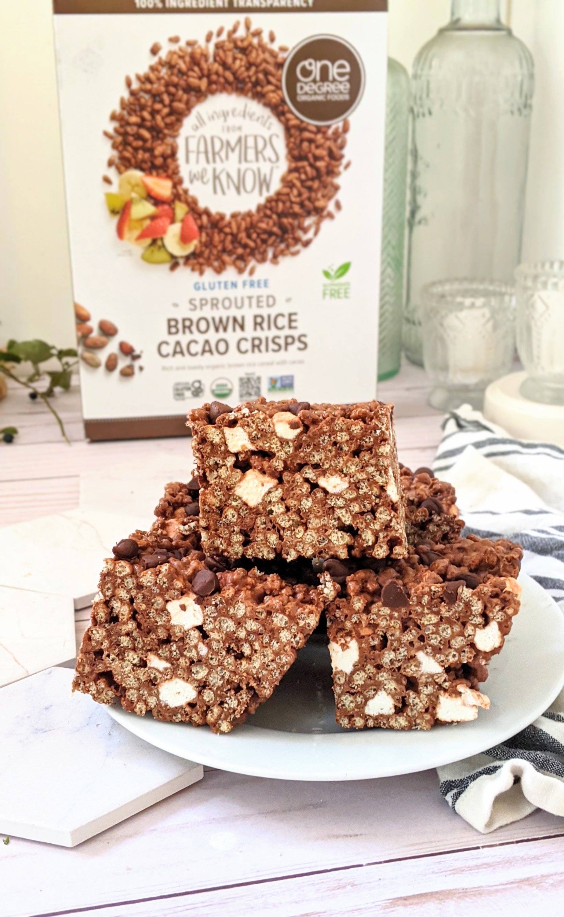 chocolate rice crispy treats recipe with cacao powder cocoa powder brown rice krispie treats cereal and chocolate chips healthy plant based vegan summer snacks for dessert or picnics beach day treats