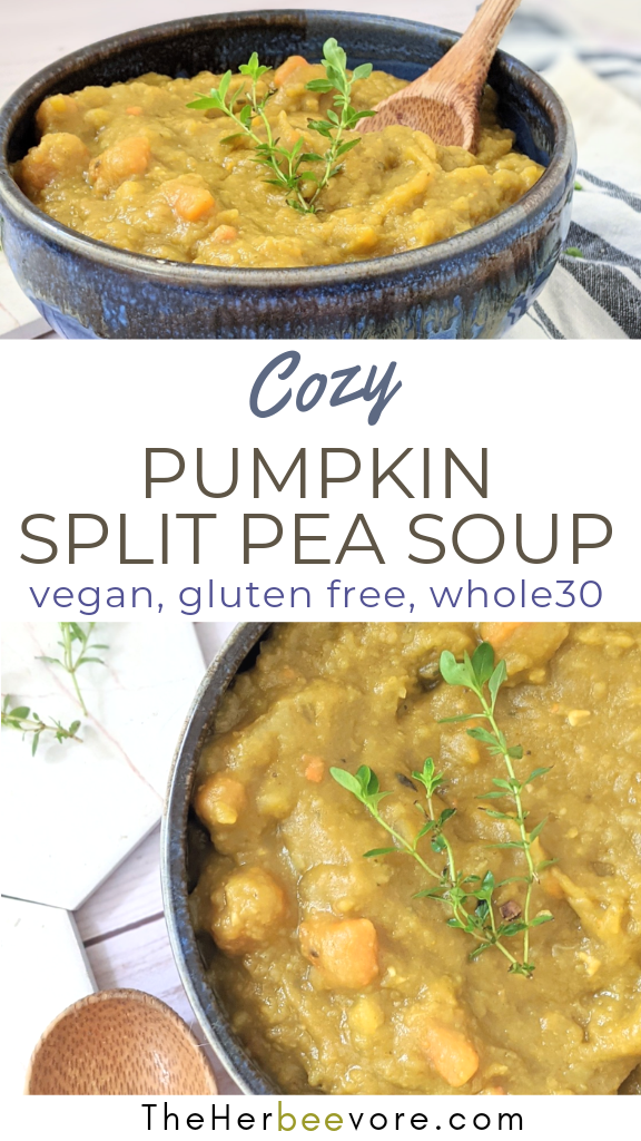 cozy split pea soup recipe with pumpkin vegetarian gluten free plant based pumpkin soup recipes with peas and carrots celery bay leaves and herbs de provence