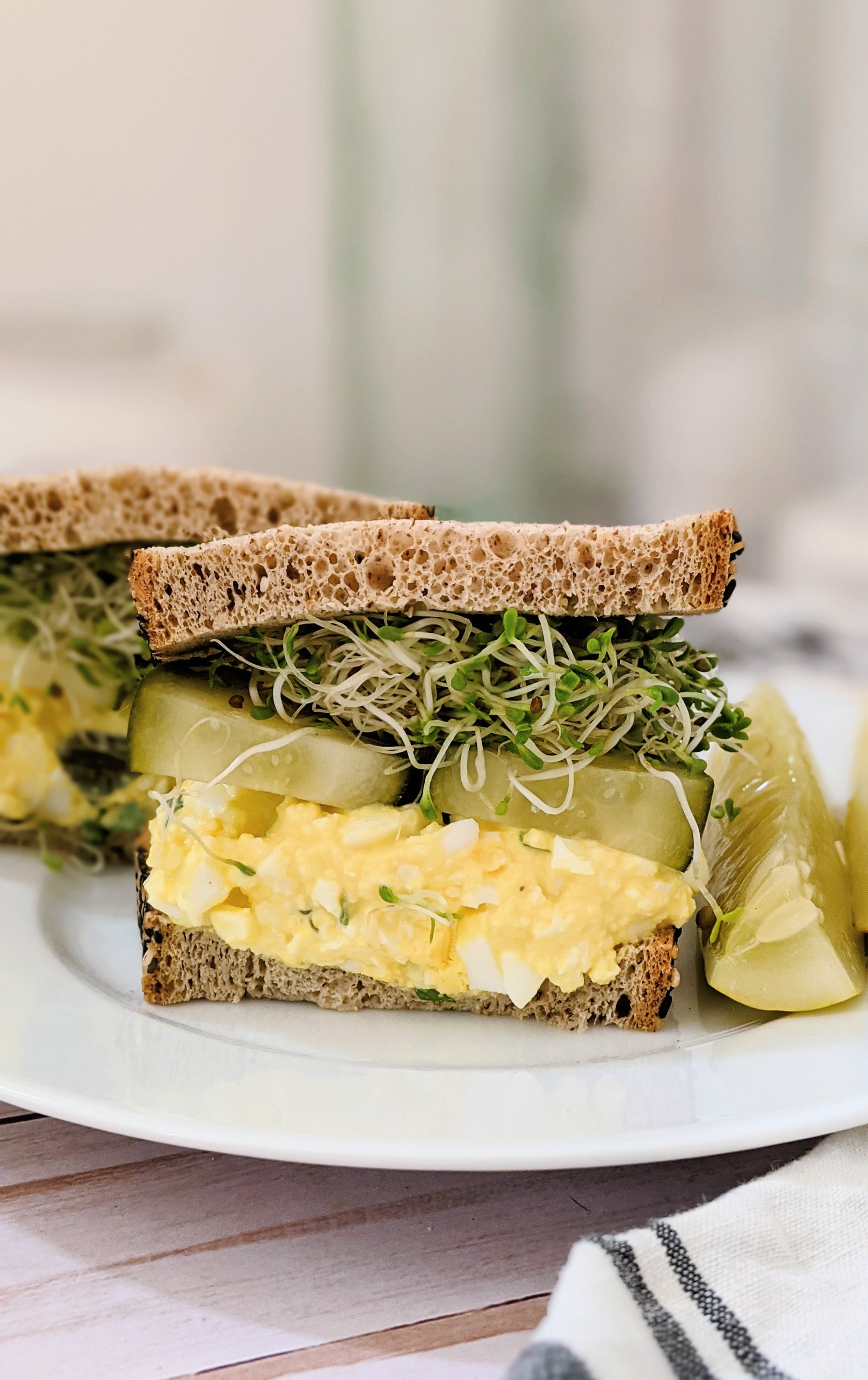 egg salad with pickles and sprouts dill pickle egg salad recipe keto low carb plant based lunches high protein high fiber sandwiches low carb