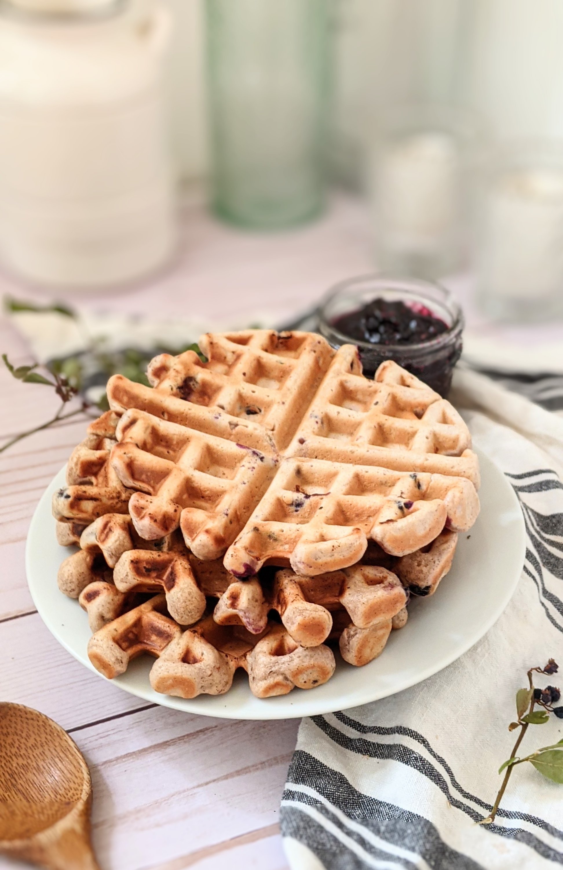 plant based Belgian waffles with huckleberries and pancake batter with huckleberries for easy weekend brunch recipes for the family