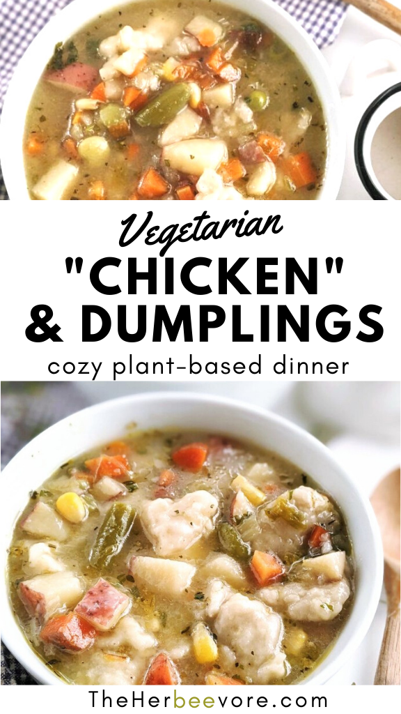vegetarian chicken and dumplings recipe comfort food healthy vegan plant based soups filling keep you full gluten free