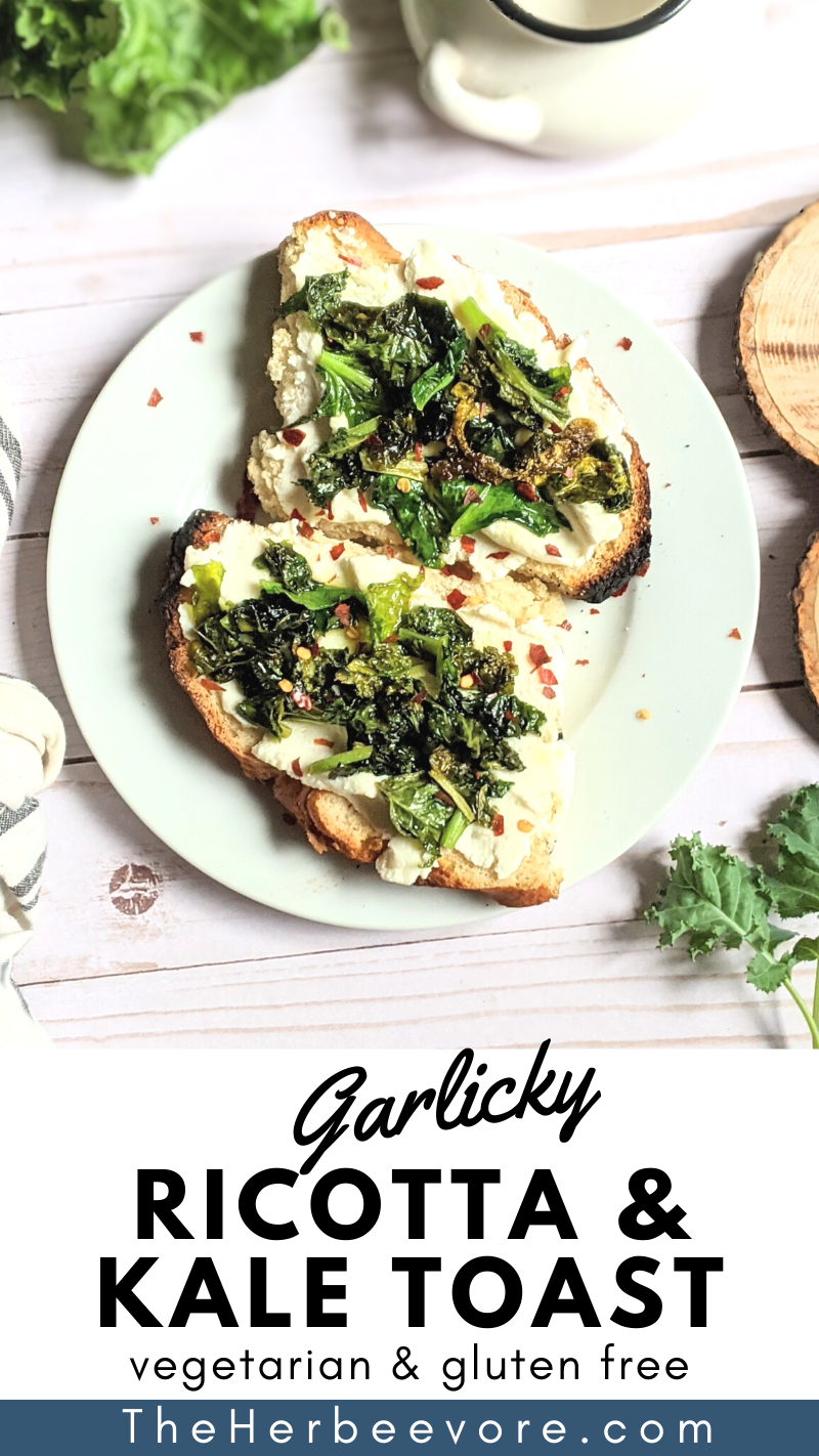 garlic kale toast with ricotta cheese vegetarian vegan option dairy free ricotta toast with vegan ricotta sheese recipe plant based breakfasts with kale